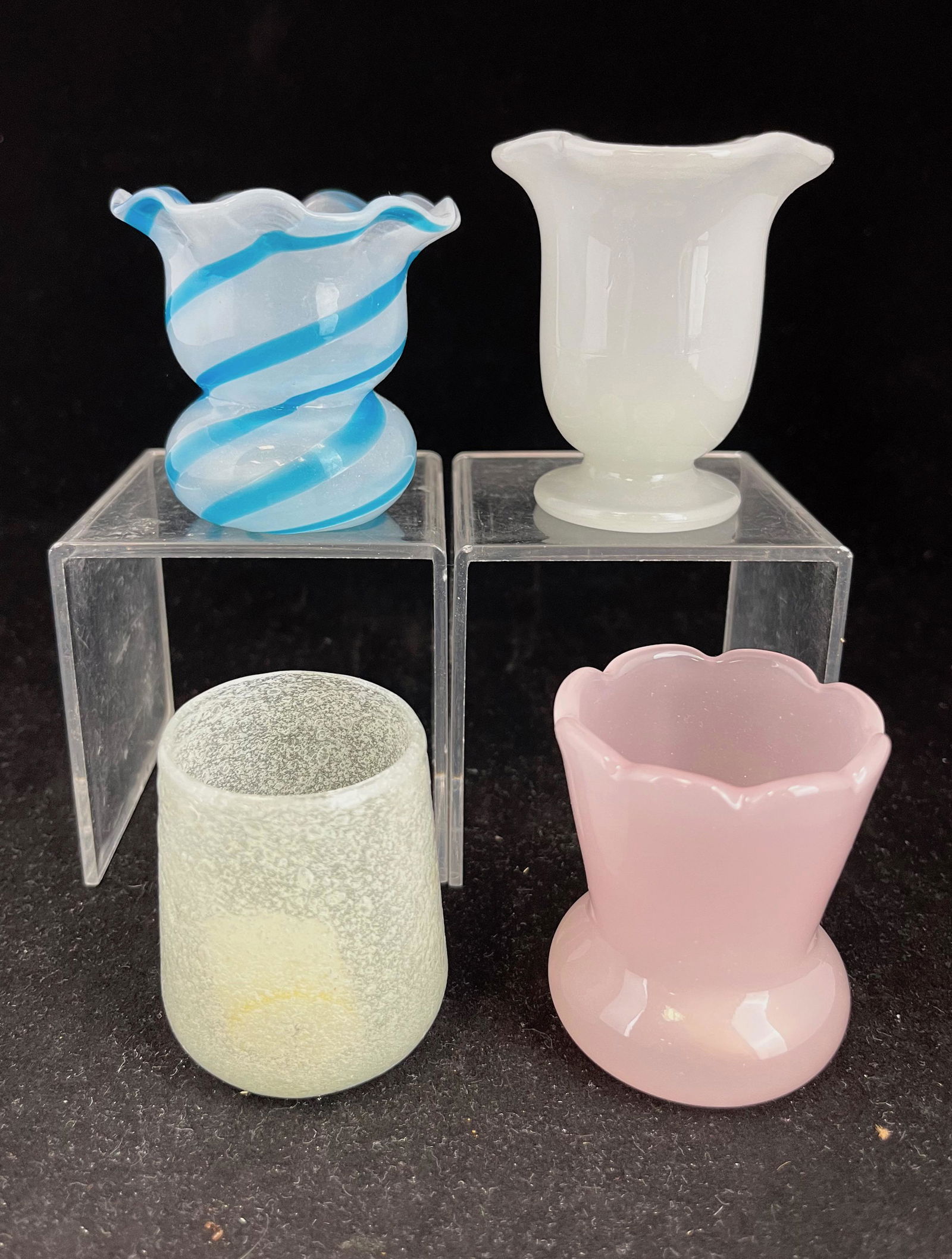 Four opaline toothpicks: Four opaline toothpick holders including a S&W Rosaline and opal with two Italian; tallest 2 7/8". CONDITION: good with no defects found.