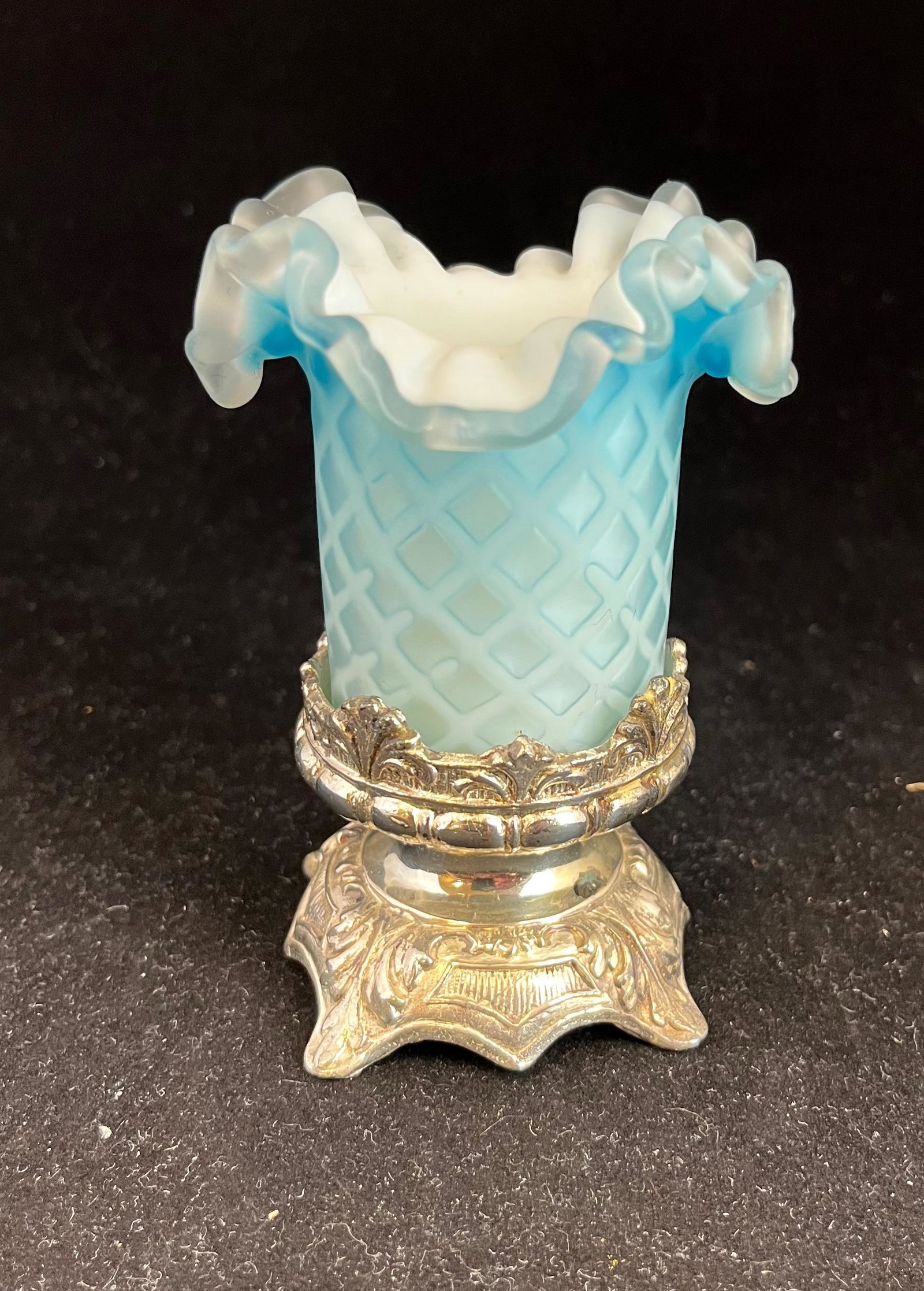 Blue MOP DQ toothpick holder: Blue MOP DQ toothpick holder with ruffled rim set in an associated metal base; 4" ht with base. CONDITION: good with no defects noted.