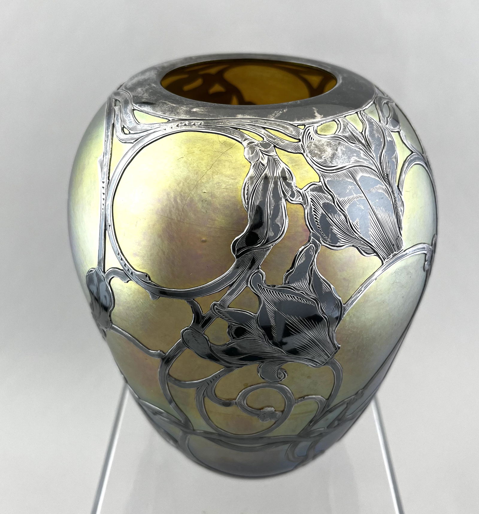 Tiffany silver overlay glass vase (1 of 5)