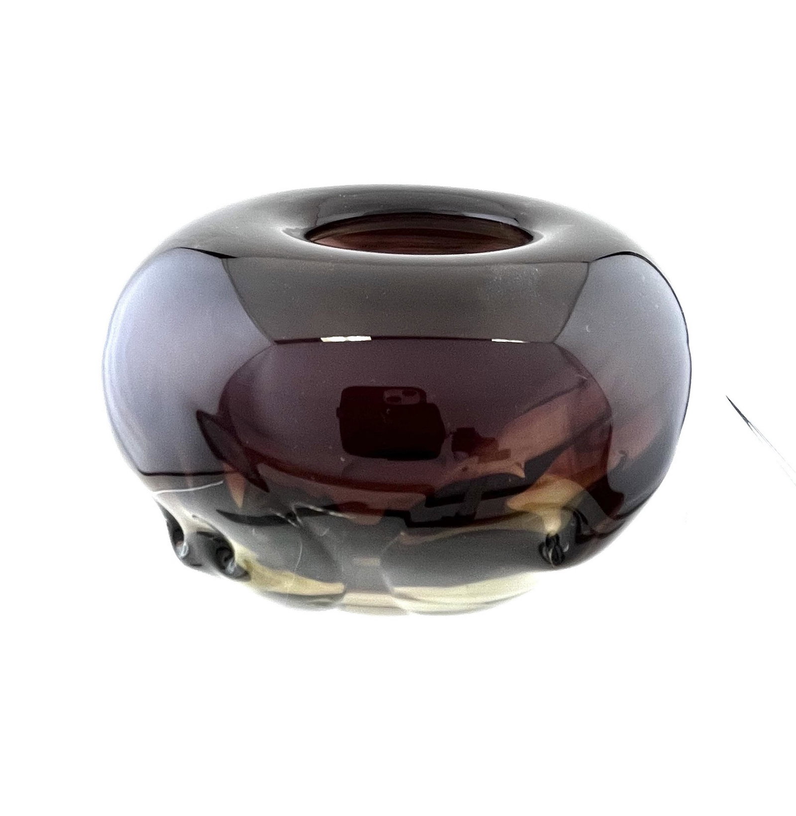 Labino art glass vase: Labino art glass vase, bowl form in amber to red with side prunts, signed Labino 1971, 5 3/4" wide. Condition: good with no defects found.