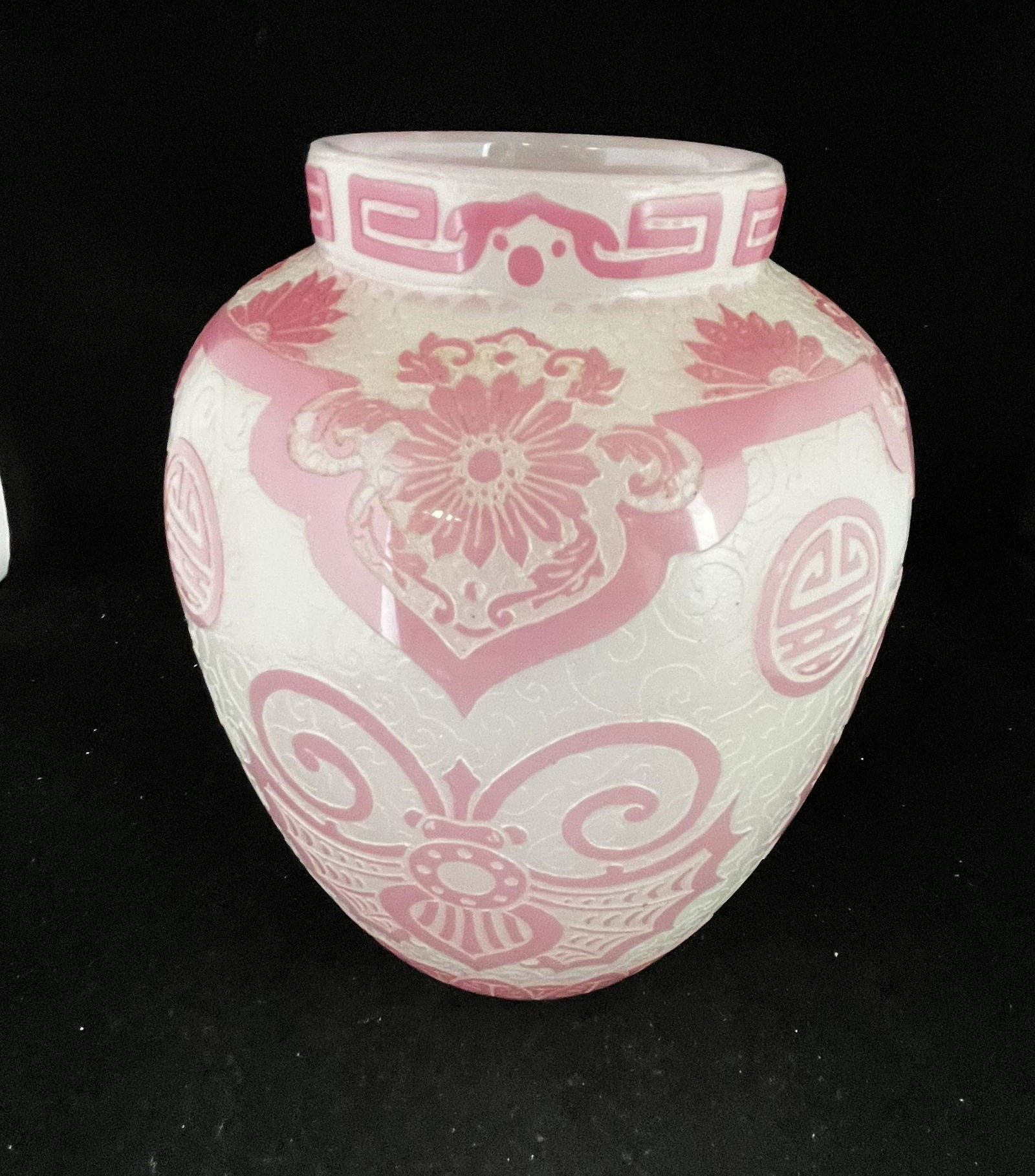 Steuben ACB Rosaline glass vase: Steuben shouldered form ACB glass vase, shape #5000, in Rosaline over white in a double cut oriental design titled "Bat", Signed Steuben F. Carder and carries a paper label, 9 1/2" ht. CONDITION: Good