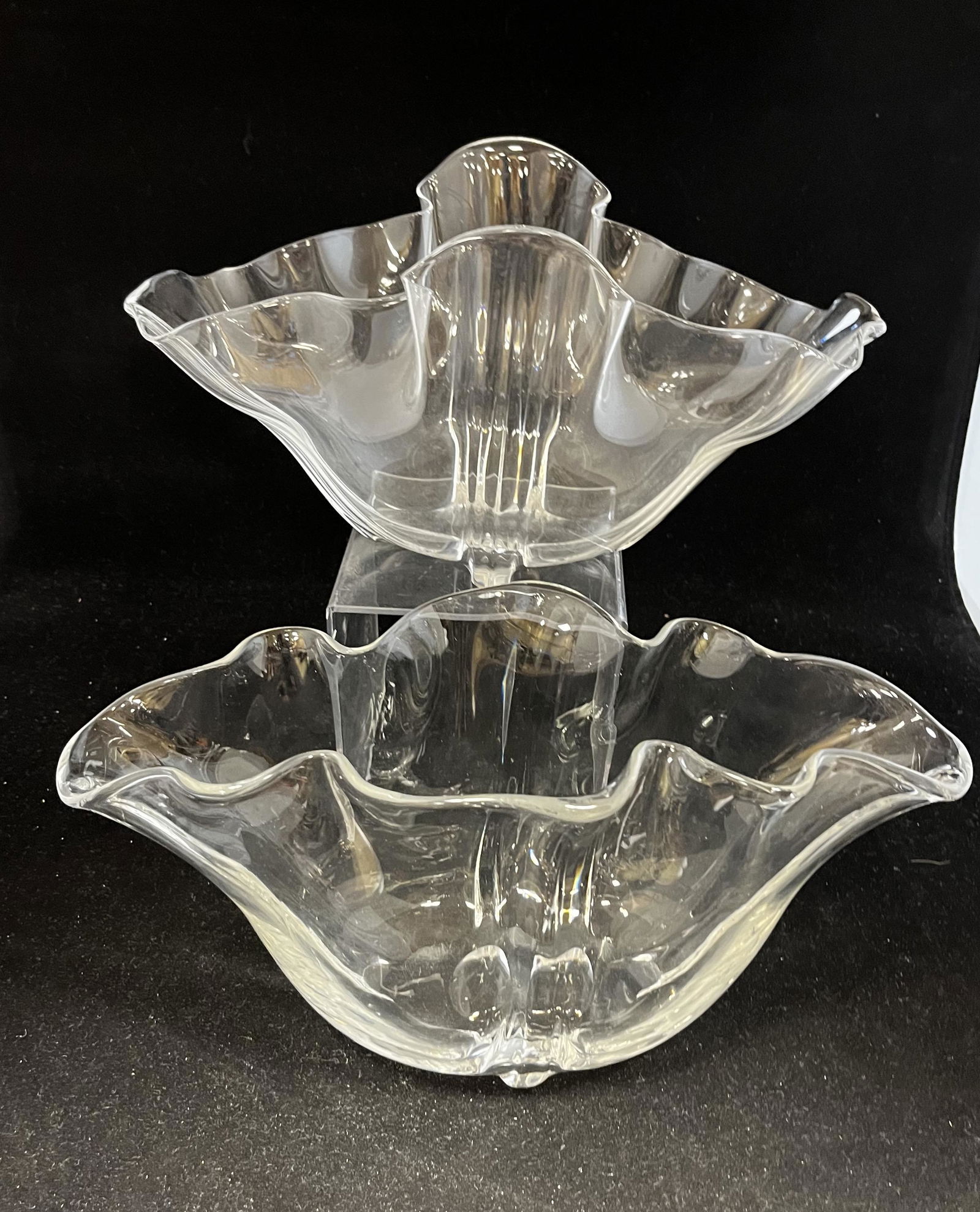 Pair of Grotesque Steuben bowls: Pair of Steuben Free Form grotesque bowls, one Signed Steuben, 6" ht. by 12" long. Condition: good with no defects found.