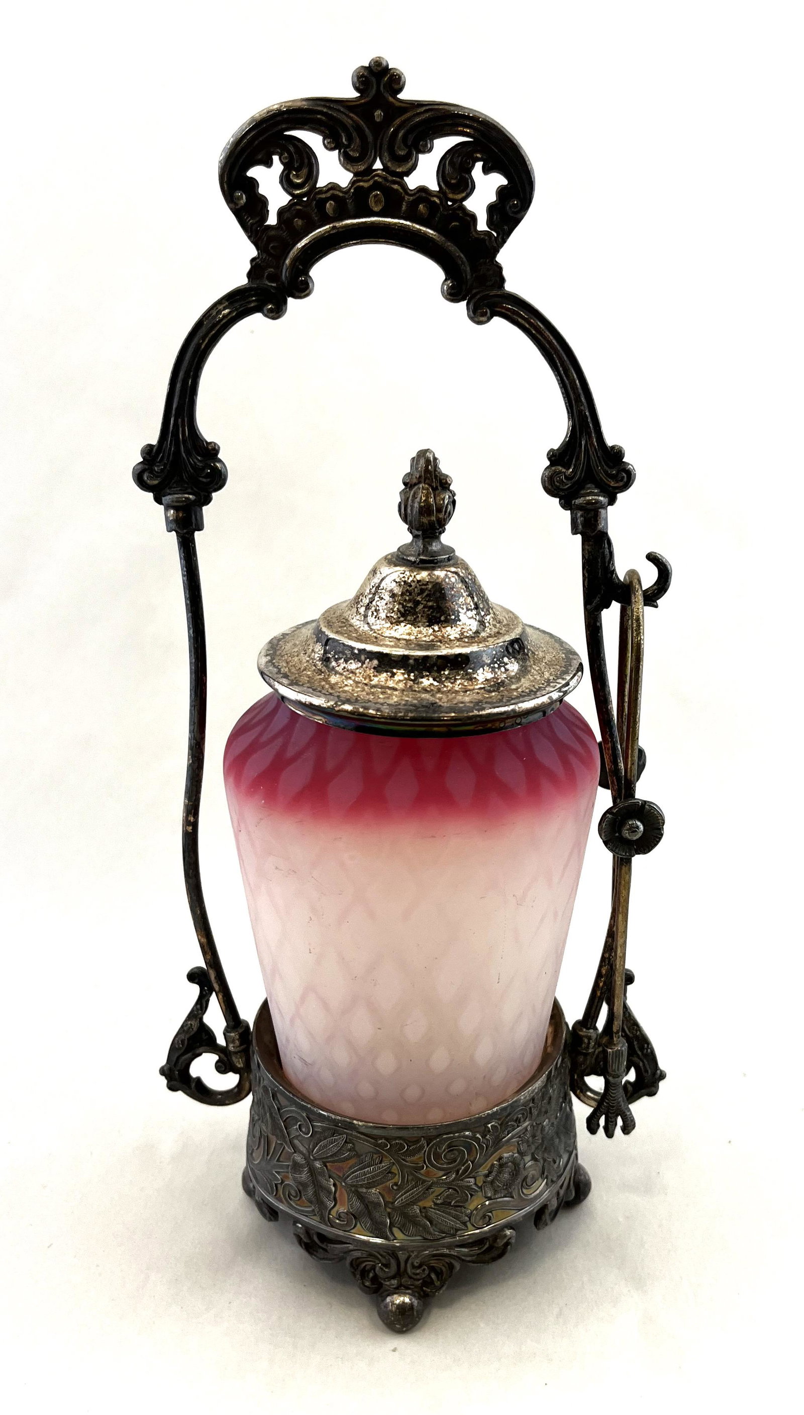 Optic diamond Rubina pickle castor: Rubina pickle castor in the diamond quilted pattern set in an embossed Barbour silver plate caddy, 11 1/2" ht. CONDITION: good with no defects found.