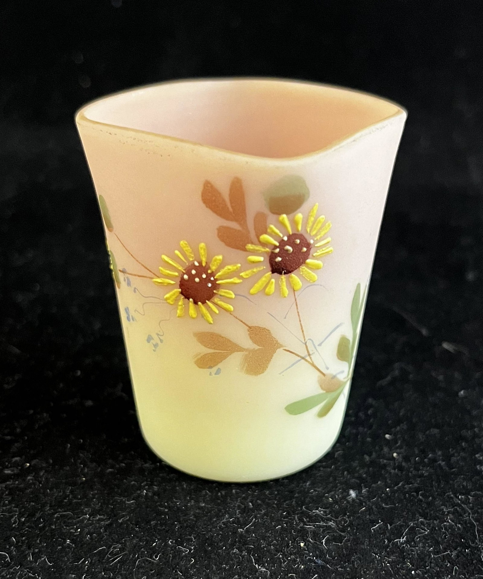Mt. Washington Burmese toothpick: Mt Washington Burmese square mouth toothpick decorated with yellow flowers with crimson centers, 2 1/2' ht. CONDITION: good with no defects found.