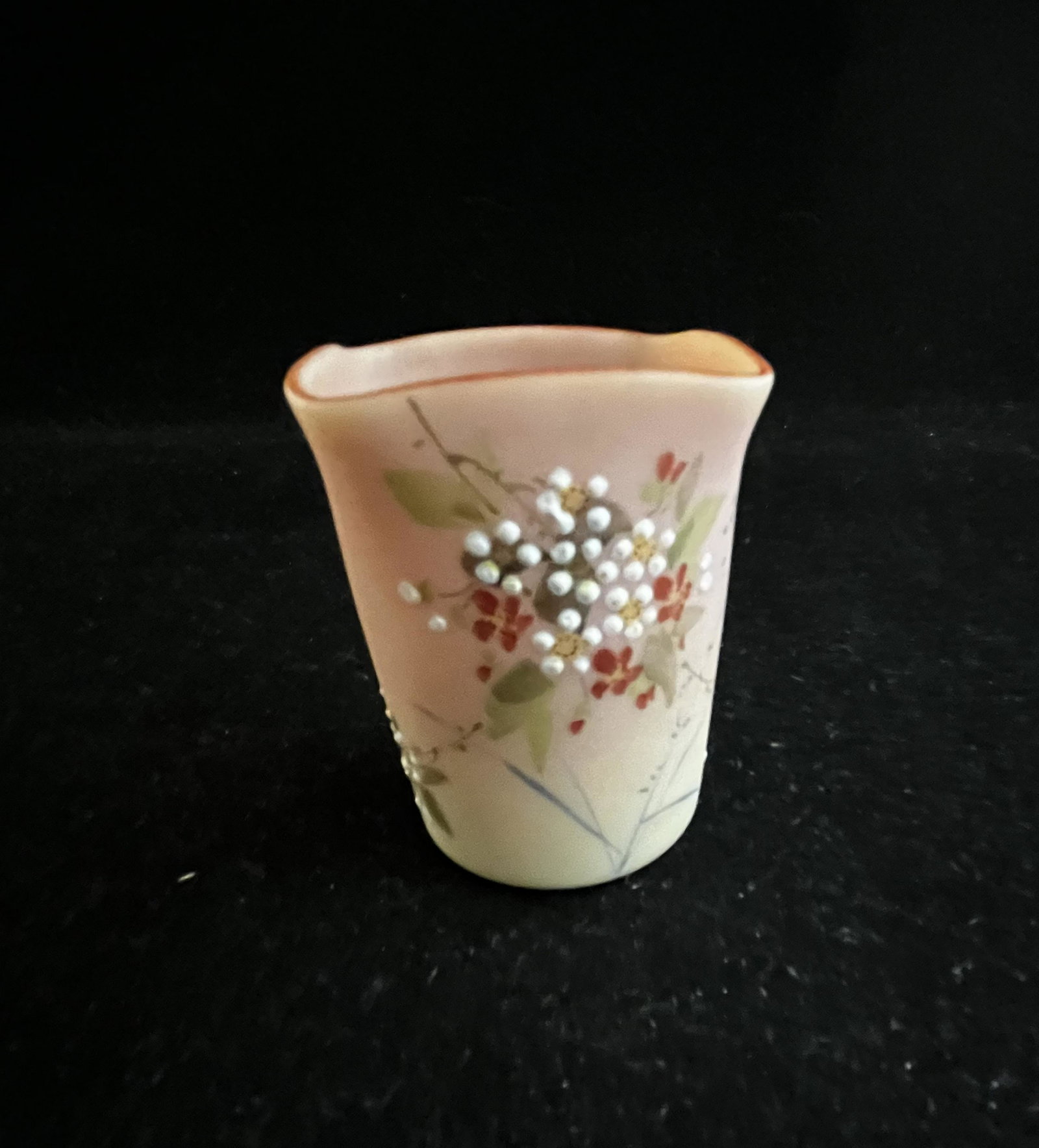 Mt. Washington Burmese toothpick: Mt Washington Burmese square mouth toothpick decorated with clusters of white and red daisies, 2 1/2' ht. CONDITION: good with no defects found.