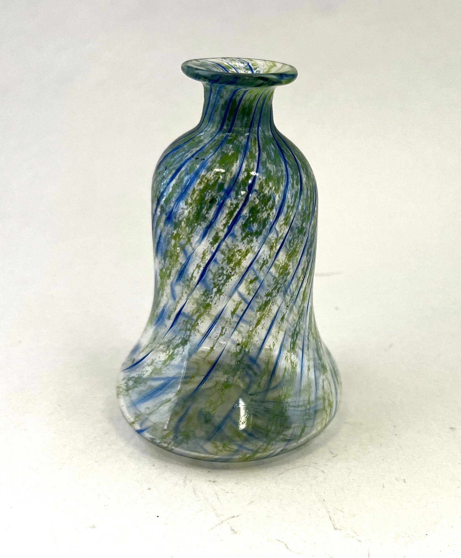 Nash Chintz perfume bottle: Nash Chintz perfume bottle with blue and green striations on a clear bottle, 4 1/4' ht. CONDITION: good with no defects found, missing stopper.
