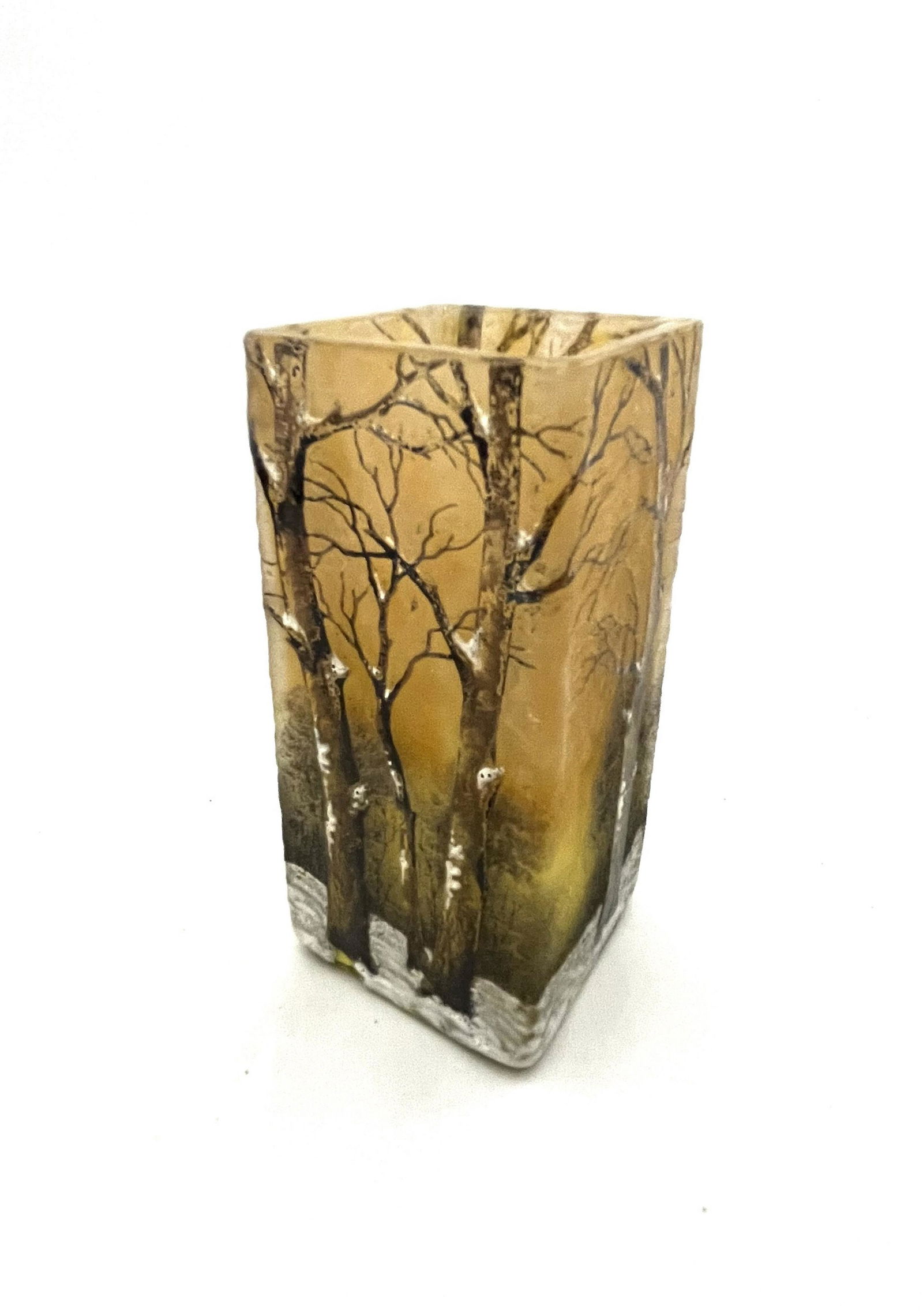 Daum Nancy Winter scene glass vase: Daum Nancy tooth brush form cameo glass vase in orange glass with a winter scene of a snow covered forest, signed Daum Nancy, 4 3/4" ht. CONDITION: small flakes to the rim see picture.