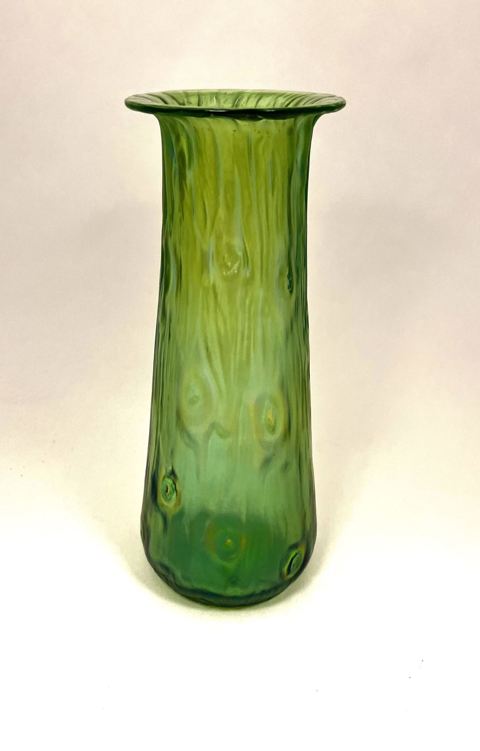 Loetz Rusticana glass vase: Loetz Rusticana cylindrical form vase in iridescent green glass, 7 1/2' ht. CONDITION: Good with no defects found