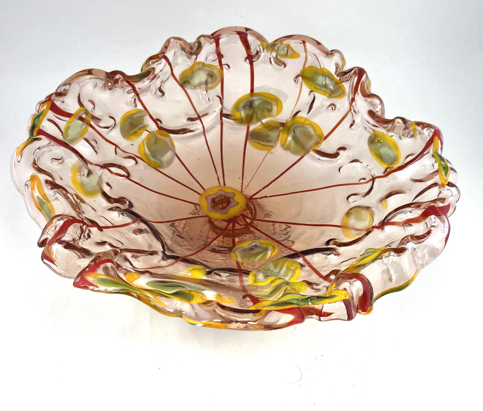 Rare Kralik art glass compote: Wilhelm Kralik art glass compote in cinnamon glass with internal green medallions and red stripes, 11 1/2" wide. PROVENANCE: Ernest Albanese. CONDITION: Good with no defects found.