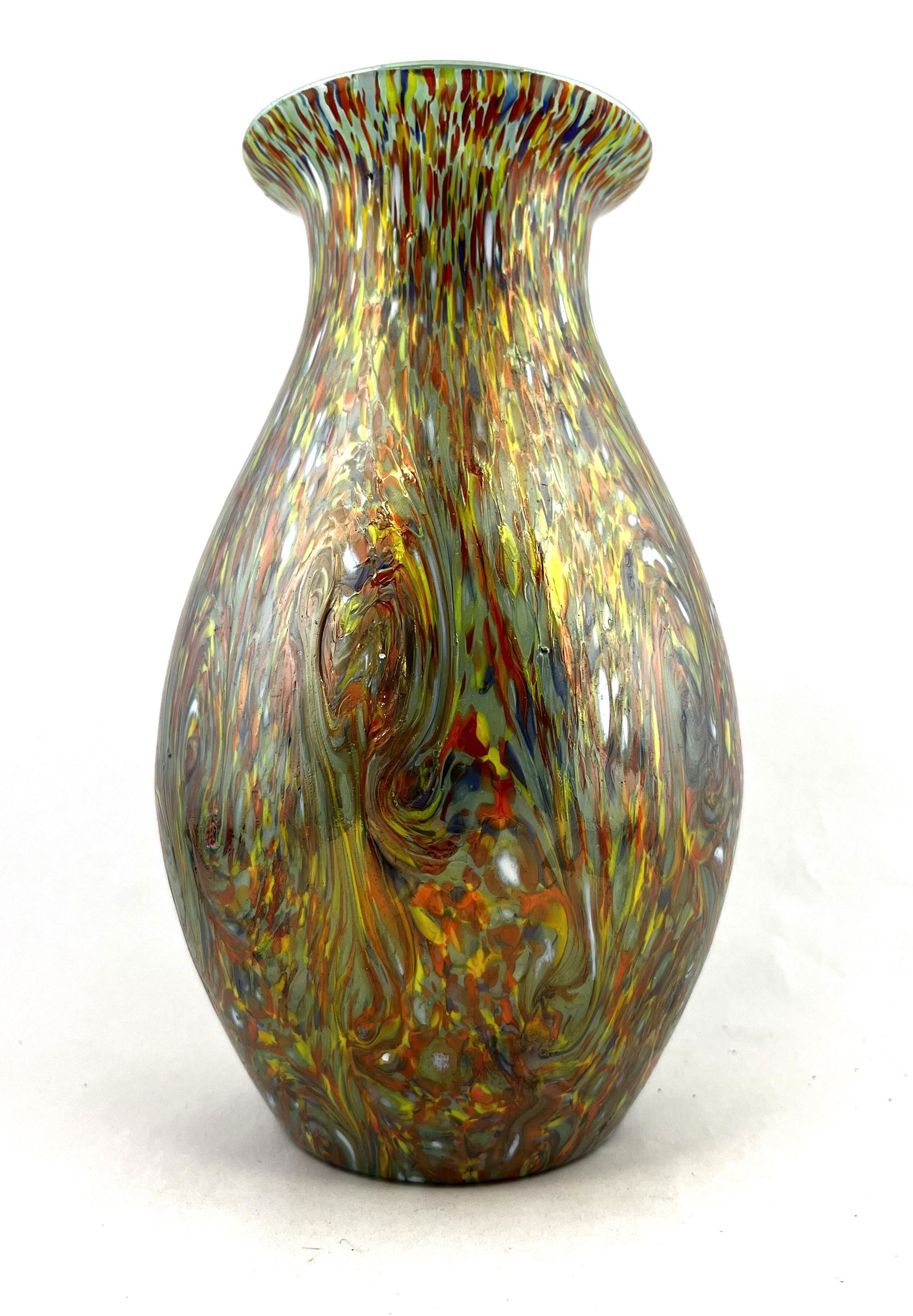 Loetz art glass spatter ware vase: Ovoid form Loetz Ausfuehrung 237 multi colored spatter ware vase on Jade green, signed Czecho-Slovakia, 9" ht. CONDITION: Good with no defects found.