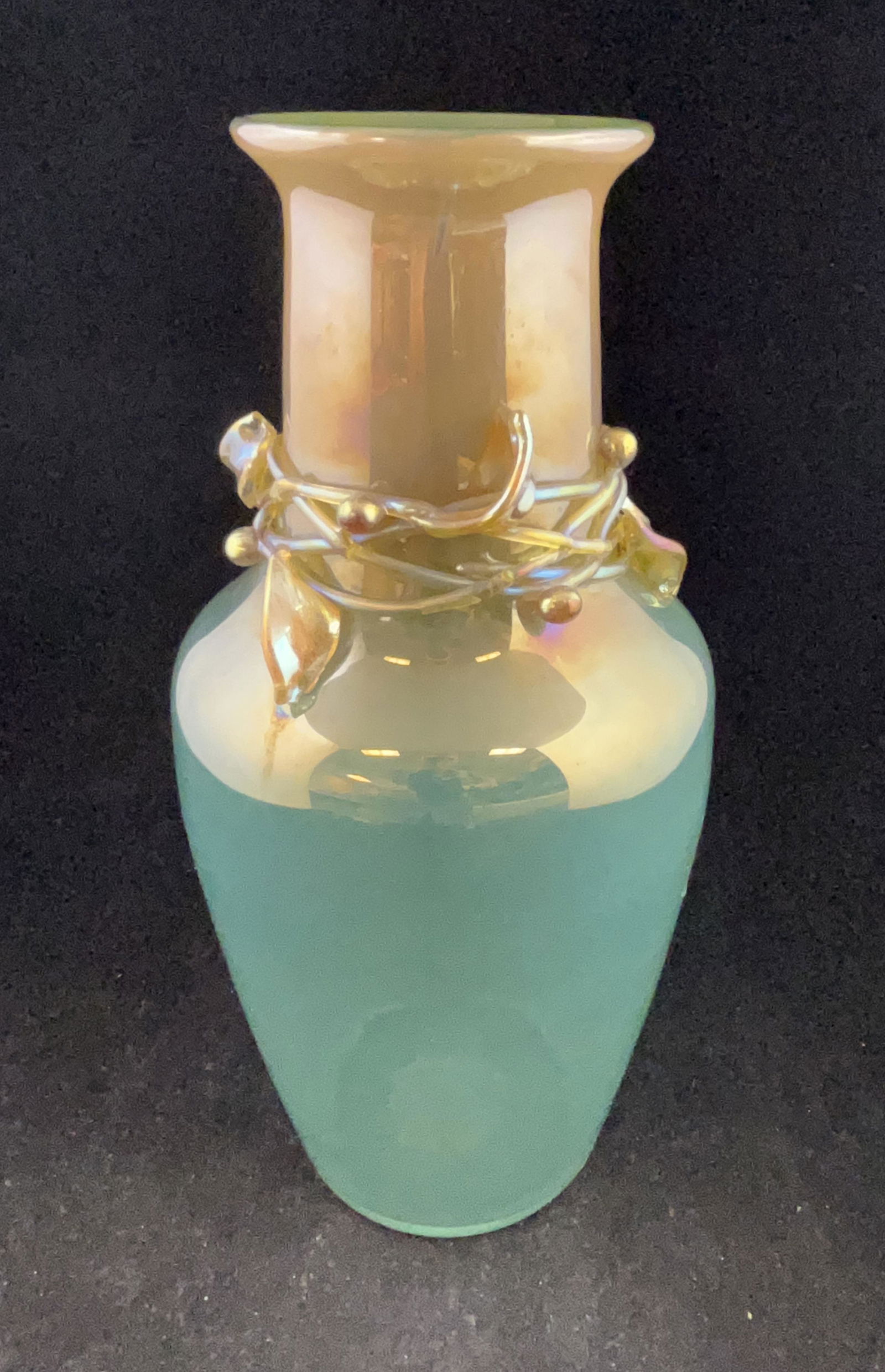 Loetz applied leaves art glass vase: Loetz Ausfuehrung 141 shouldered vase in opalescent green graduating to amber adorn with applied leaves and berries, 10 3/4" ht. CONDITION: Good, one minor stem repair, see picture.