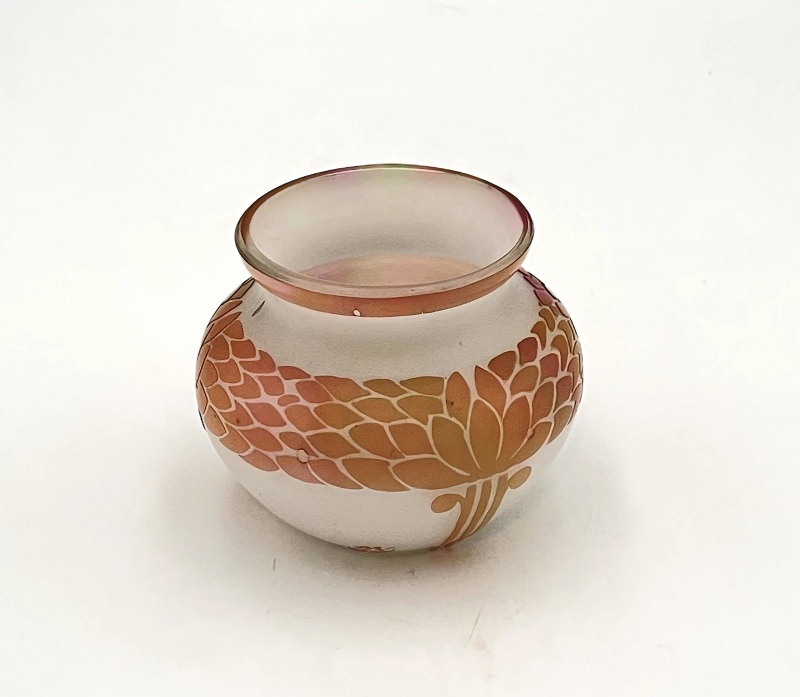 Weis cameo glass vase: Ovoid opal glass vase with a rainbow cameo art deco design, signed in cameo BW, 3 1/2" wide by 3" ht. CONDITION: Good with no defects found