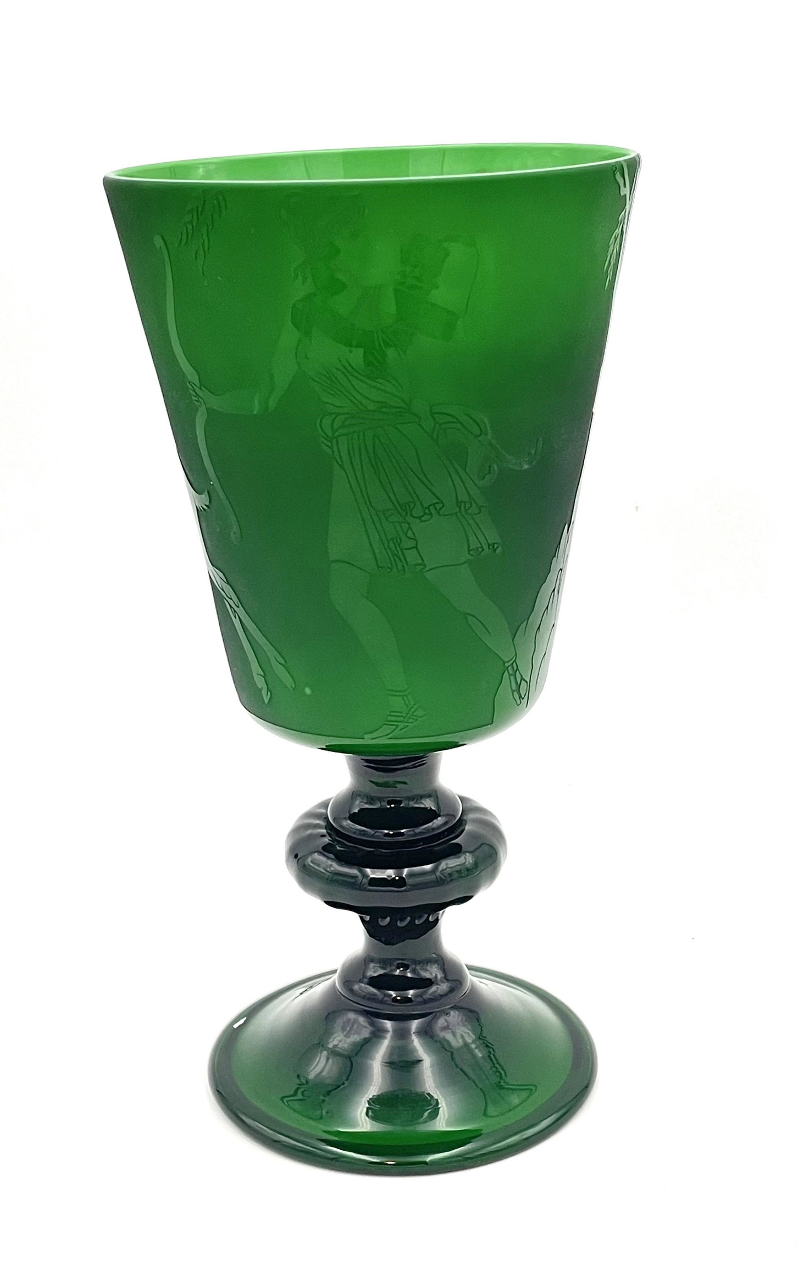 Green contemporary cameo chalice: Green Contemporary cameo chalice with a Romanesque Women and a deer, signed F Carder, 12" ht. Condition: good with no defects found