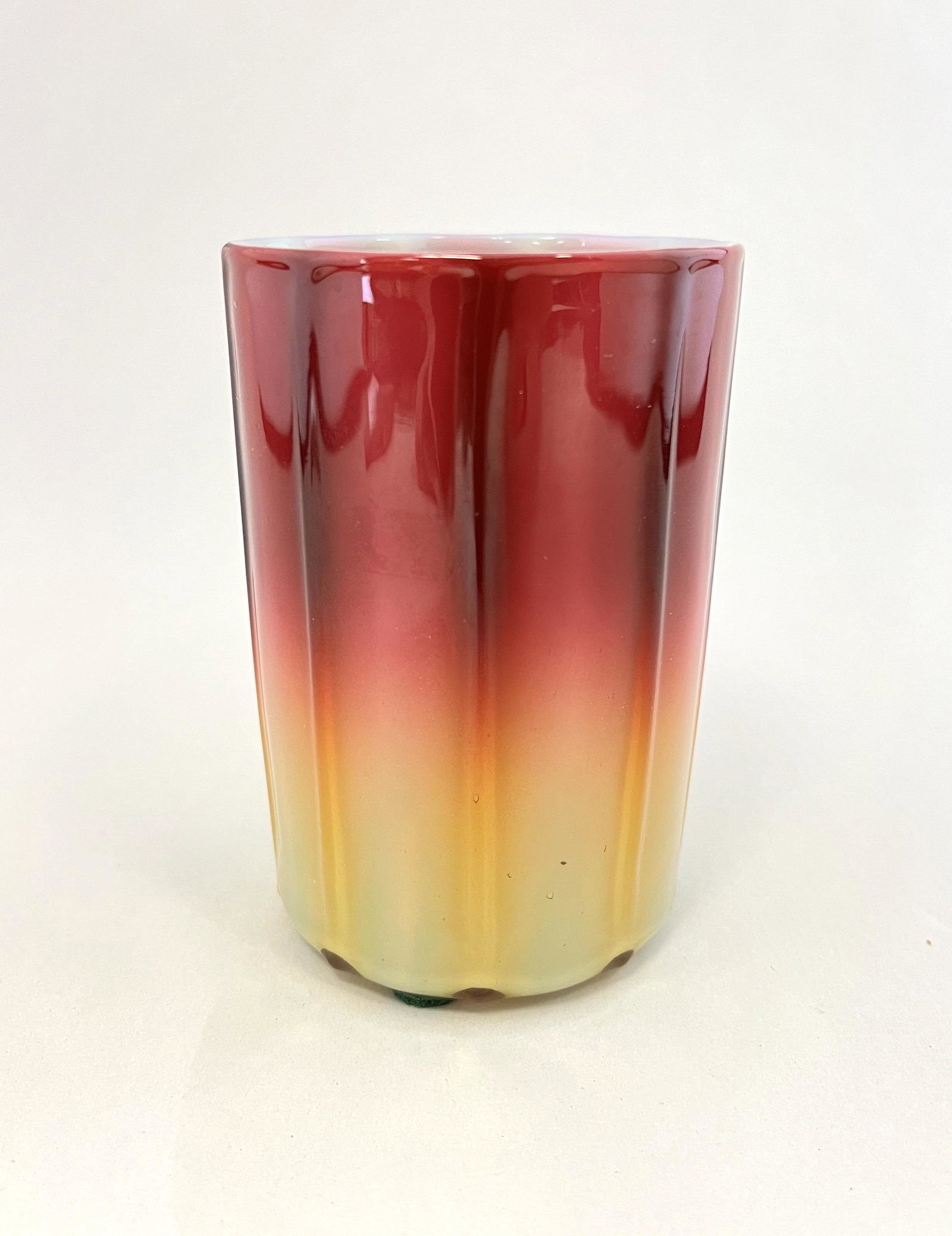 New England Plated Amberina tumbler: New England Plated Amberina ribbed glass tumbler in a glossy finish, 4 3/4" ht. CONDITION: good with great color.
