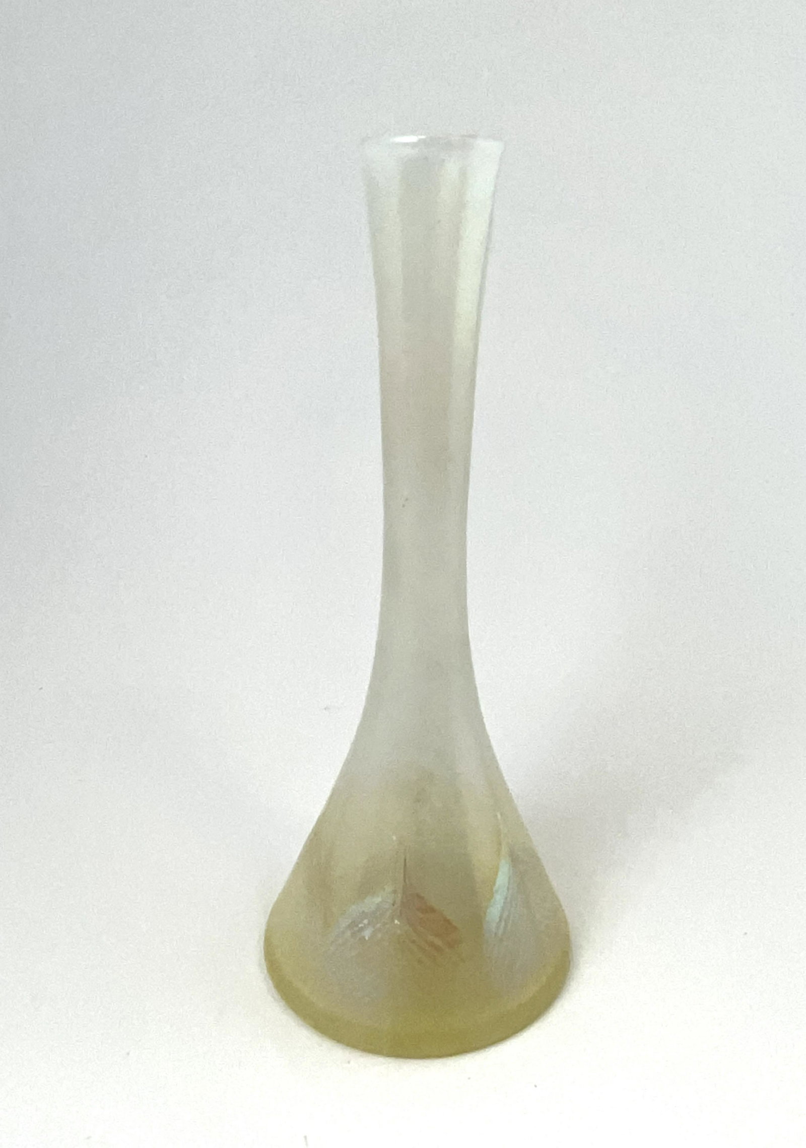 Tiffany opal glass trumpet vase: Tiffany opal trumpet vase with a gold pulled feather, signed 7842 J. L. C. Tiffany-Favrile, 8" ht. CONDITION: good with no defects found