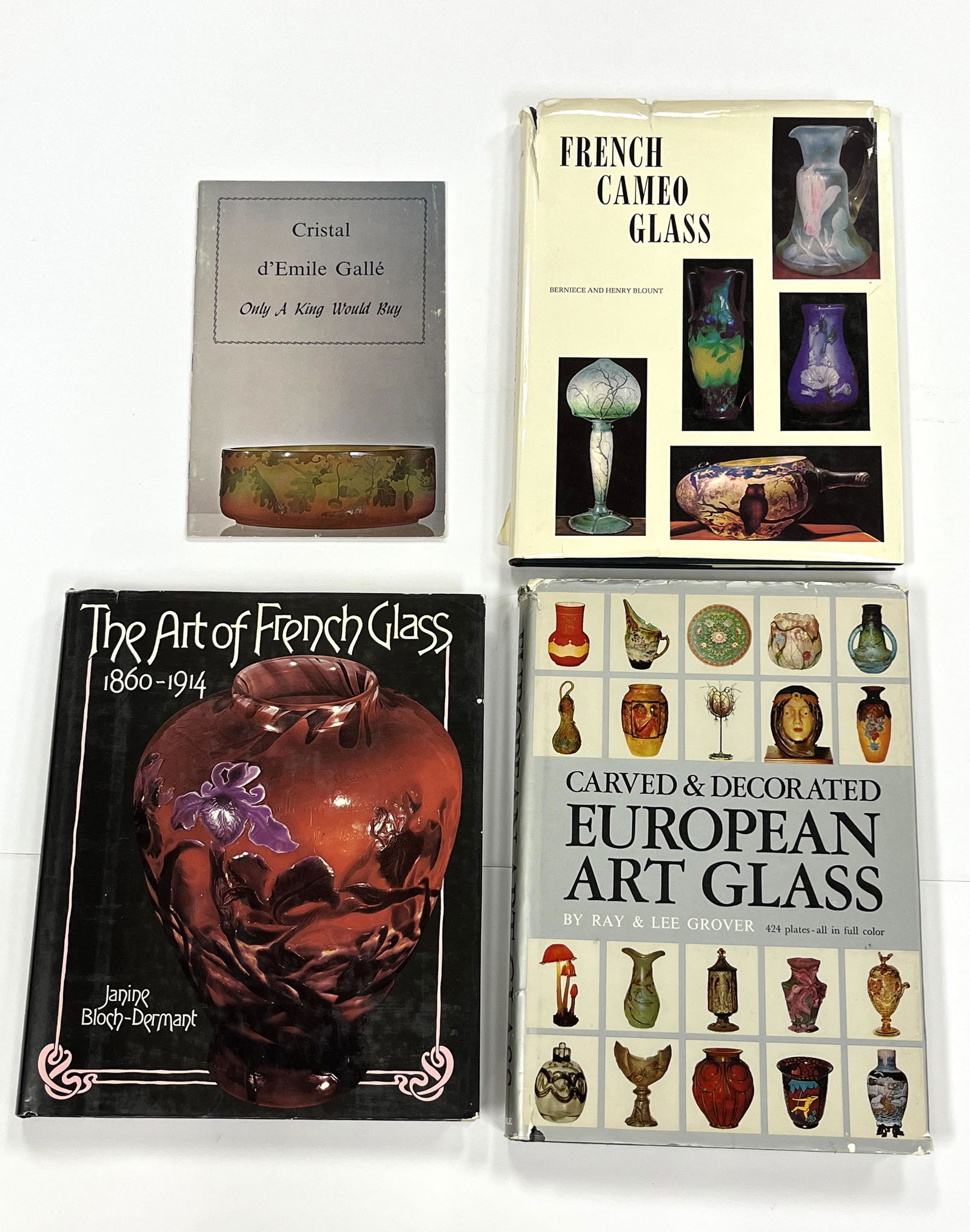 Four Books on French glass: Four books on French glass including a booklet "Cristal d'Emile Galle" "The Art of French Glass" by Bloch Dermant, "Carved and Decorated European Art Glass" by Grover, and "French Cameo Glass" by Blou