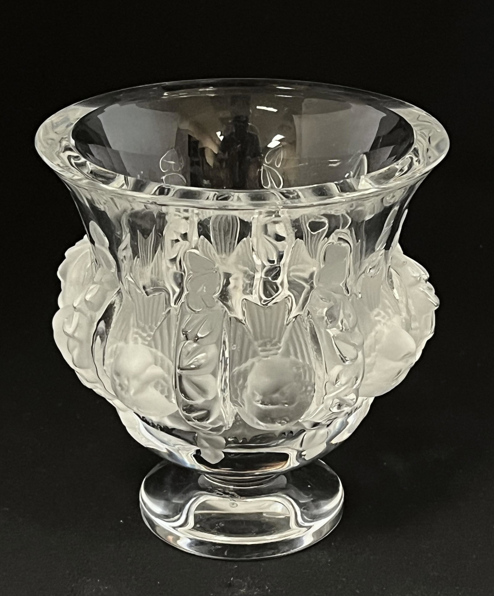 Lalique footed glass vase: Lalique "Dampierre" footed compote form glass vase adorn with birds, signed Lalique France, 5" ht. CONDITION: no chips, cracks, repairs or material defects found. Jaremos attempts to call any material