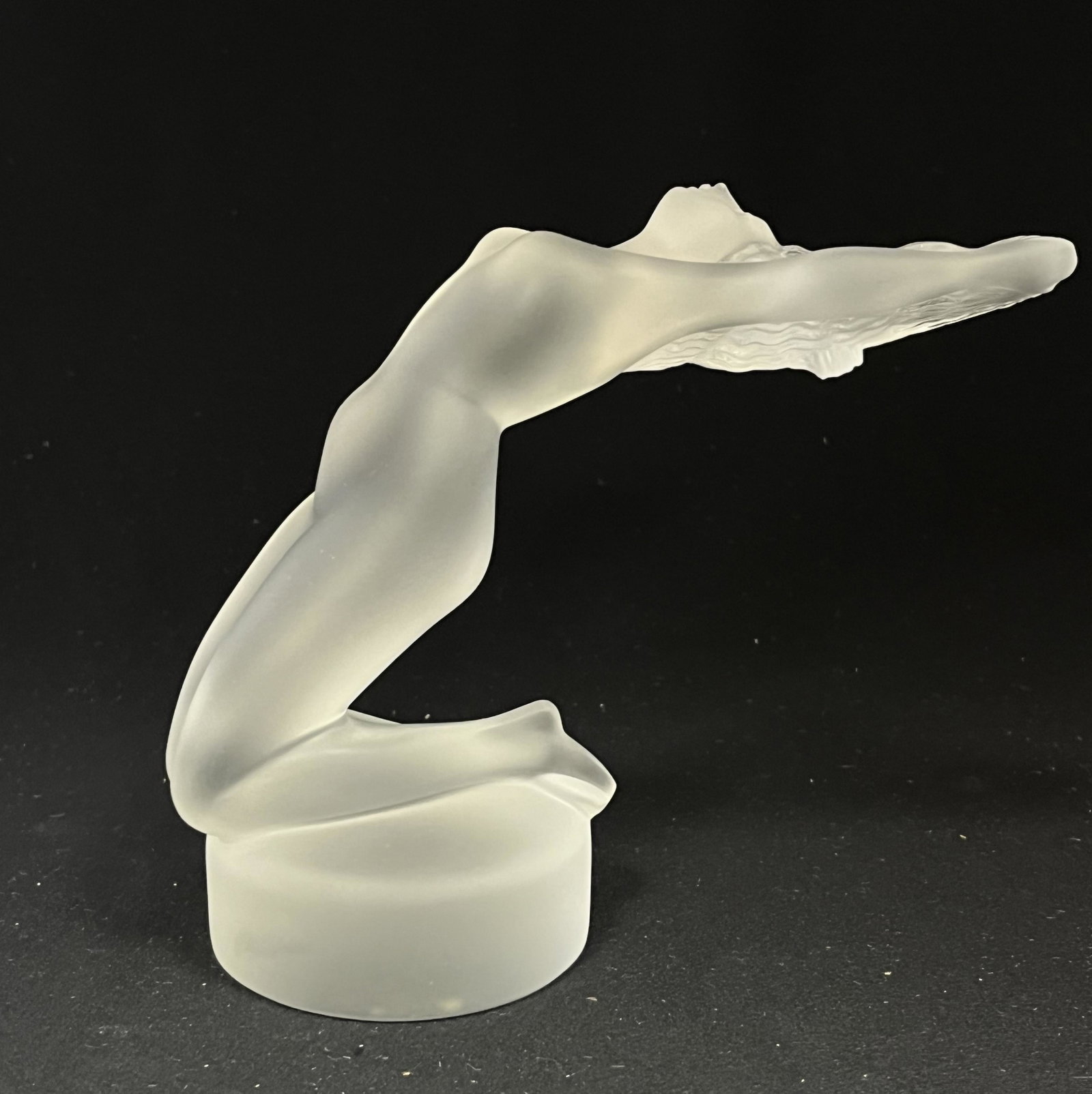 Lalique nude woman sculpture: Lalique frosted nude woman sculpture, Lalique France; 5 1/2" ht. CONDITION: no chips, cracks, repairs or material defects found. Jaremos attempts to call any material flaw that affects the price, but 