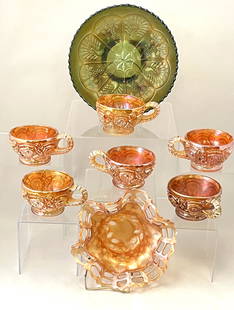 Group of carnival glass items: Group of carnival glass items including a Fenton peacock and grape footed bowl, largest 8" wide. no chips, cracks, repairs or material defects found. Jaremos attempts to call any material flaw that af