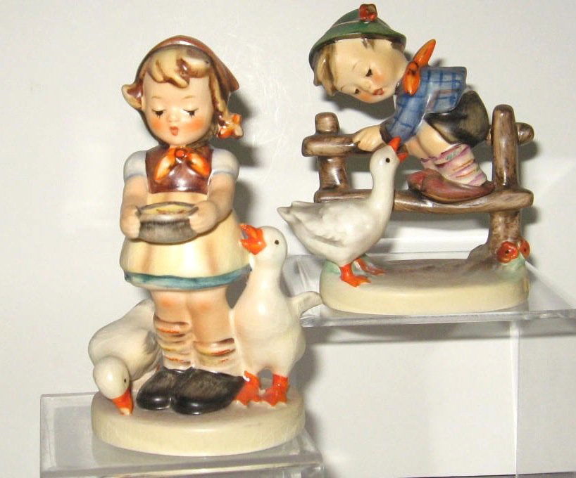 Two Hummel's #197 2/0 "Be Patient": together with #195 2/0 "Barnyard Hero" TMK4, tallest 4 1/2" ht. CONDITION: minor crazing on and near the base.