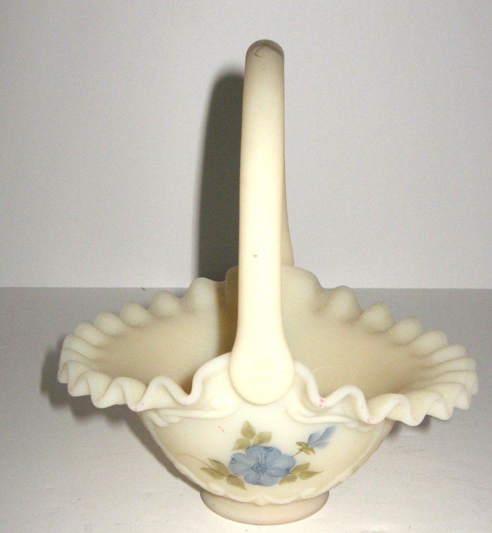 Fenton hand painted basket,: yellow basket decorated with blue flowers, signed by T. Watson, 7" ht.