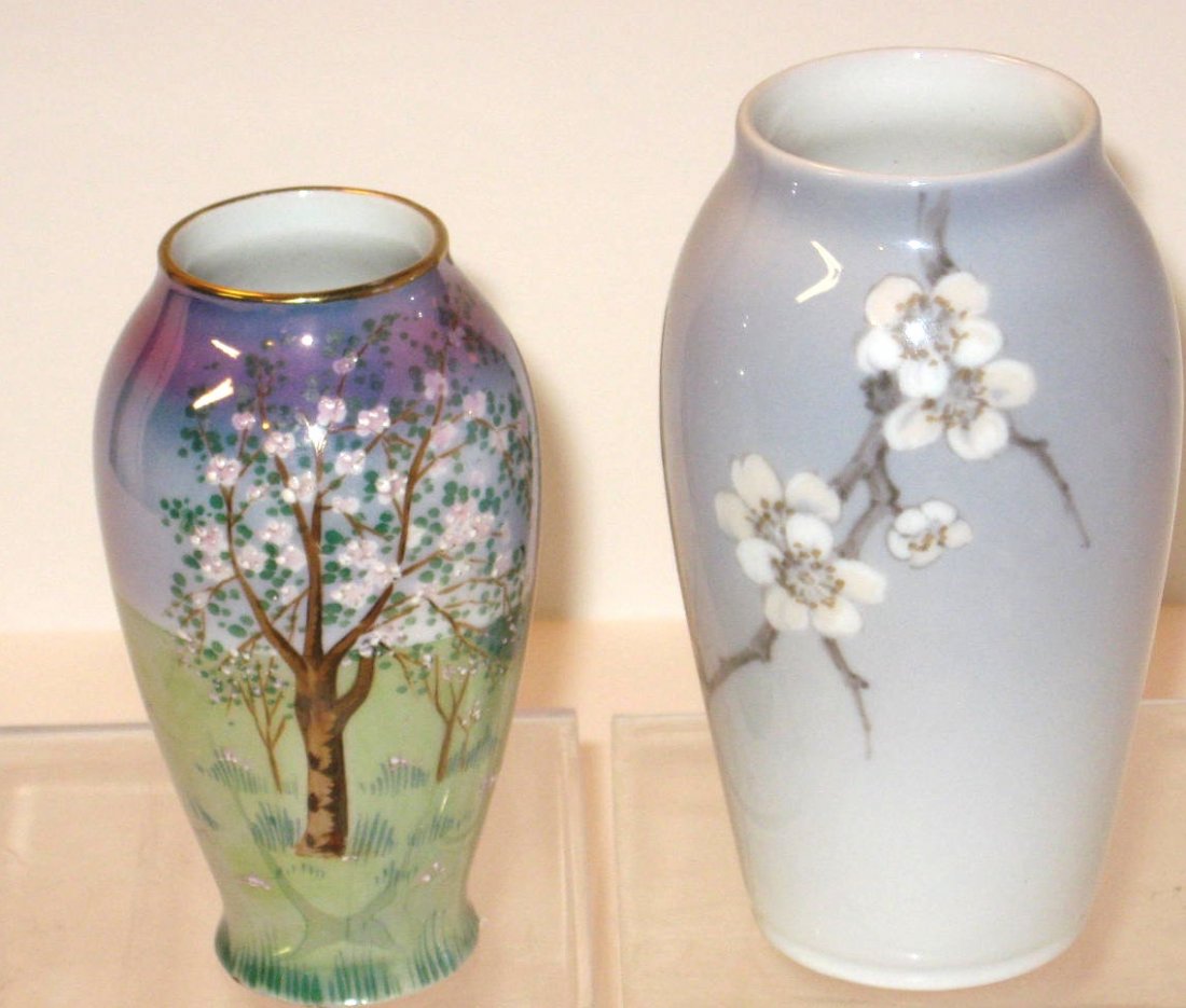 Royal Copenhagen, Royal Light vases,: two European porcelain vases including a spring scene Royal Light vase, TOGETHER with a gingko branch decorated Royal Copenhagen, 5" ht. CONDITION: good with no issues.