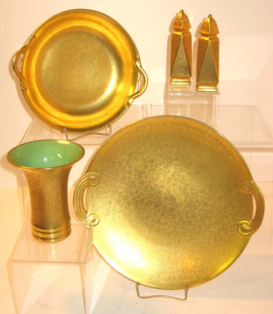 Five piece grouping of Pickard,: each gold encrusted, all signed, largest 11" wide. CONDITION: good with no issues.