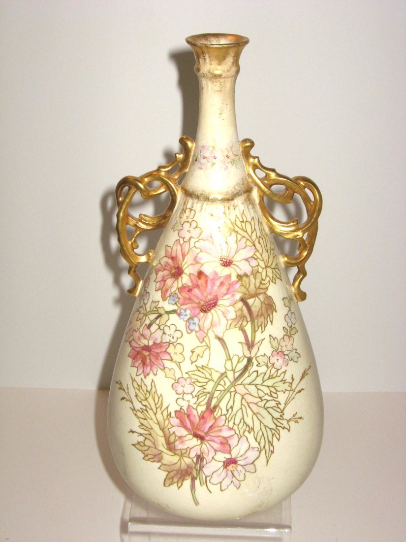Royal Bonn pottery vase,: bottle form with two scrolling side handles, signed Royal Bonn, 11 1/2" ht. CONDITION: good with no issues.