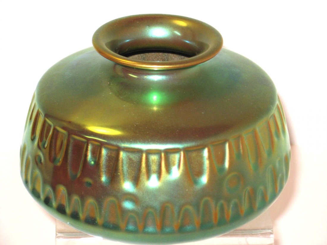 Hungarian Zsolnay pottery vase,: squatty form in an iridescent green finish, marked, 5 1/2" wide. CONDITION: good with crazing on the bottom.