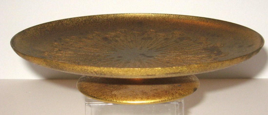 Louis Tiffany bronze compote: large low form decorated with embossed peacock eyes, signed Tiffany Studios New York 1732, 8" wide. CONDITION: good with no issues.