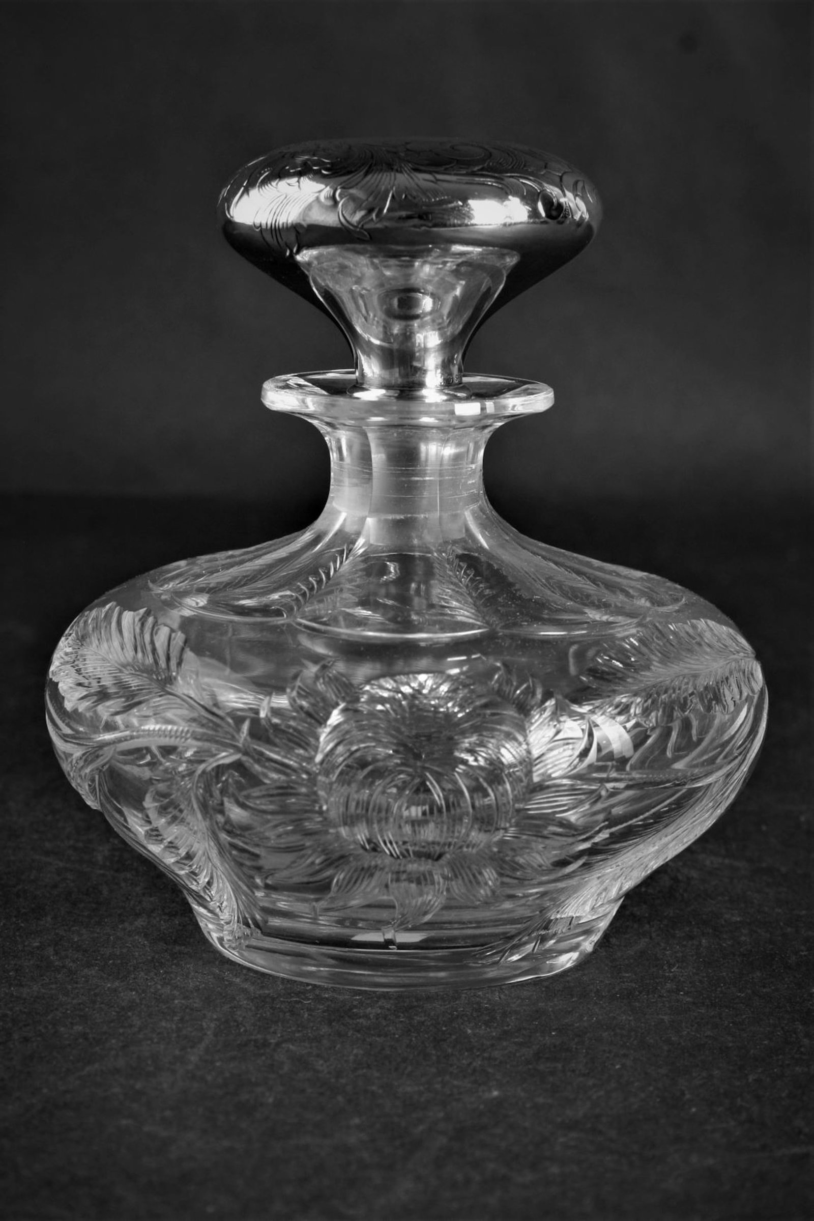 Hawkes Cologne.: Hawkes "Chrysanthemum" Cologne. Glass signed Hawkes Gravic Glass. Gorham sterling stopper marked D 1309. Pictured in Gorham catalog p. GPB-49. 5" ht.