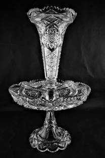 Cut Glass Three Piece Epergne.: Cut Glass Three Piece Epergne. A true rarity featuring four 16 point hob star surrounded with arches of cane. Pictured in Am. Cut Glass For The Discriminating Collector p. 164. The collar is a replace