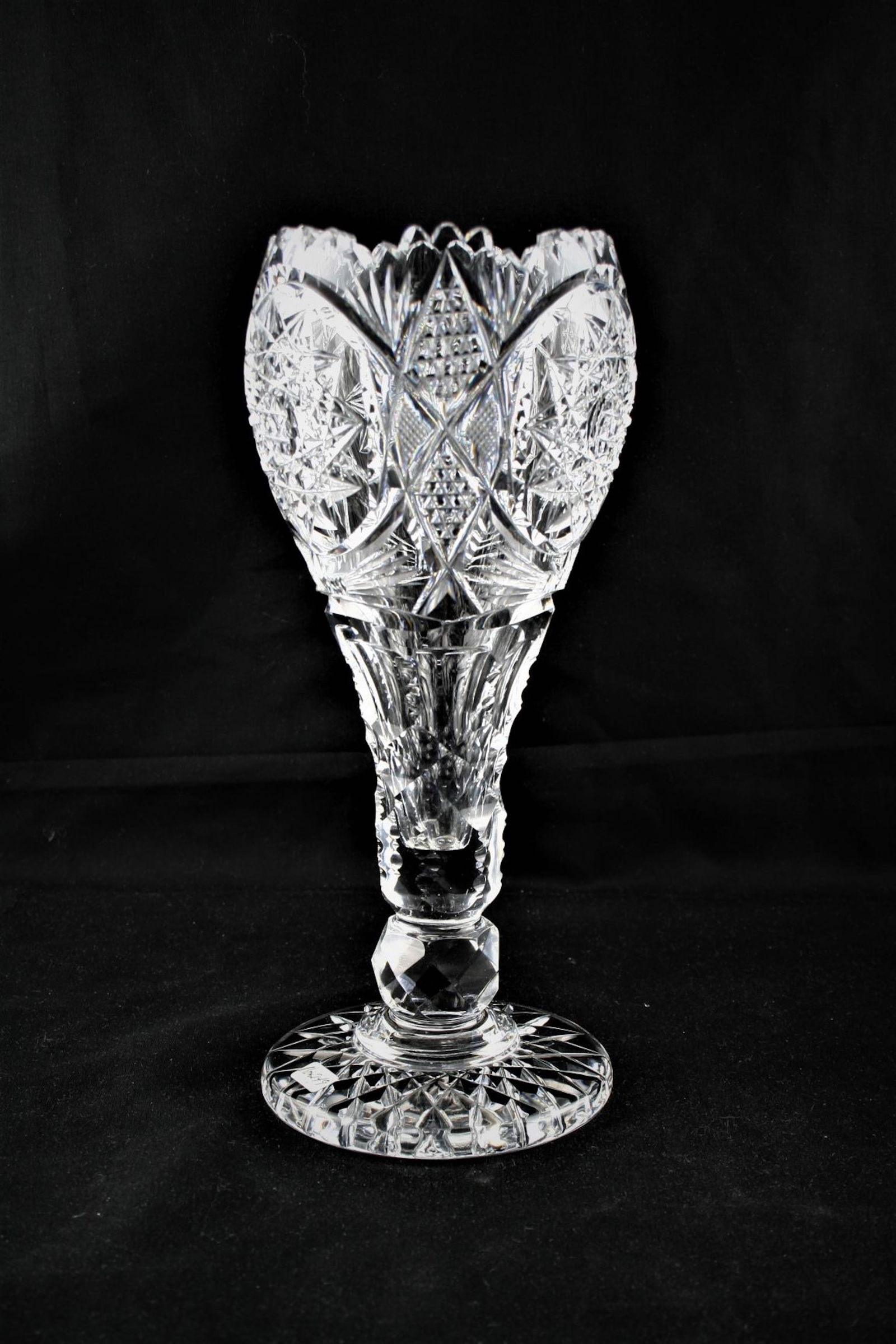 Bergen "Sheldon" Chalice Vase.: Bergen "Sheldon" Chalice Vase. Has an interesting double mitered hob star, a lapidary knob at foot and a 20 point clear button hob star foot, 10 1/4" ht.