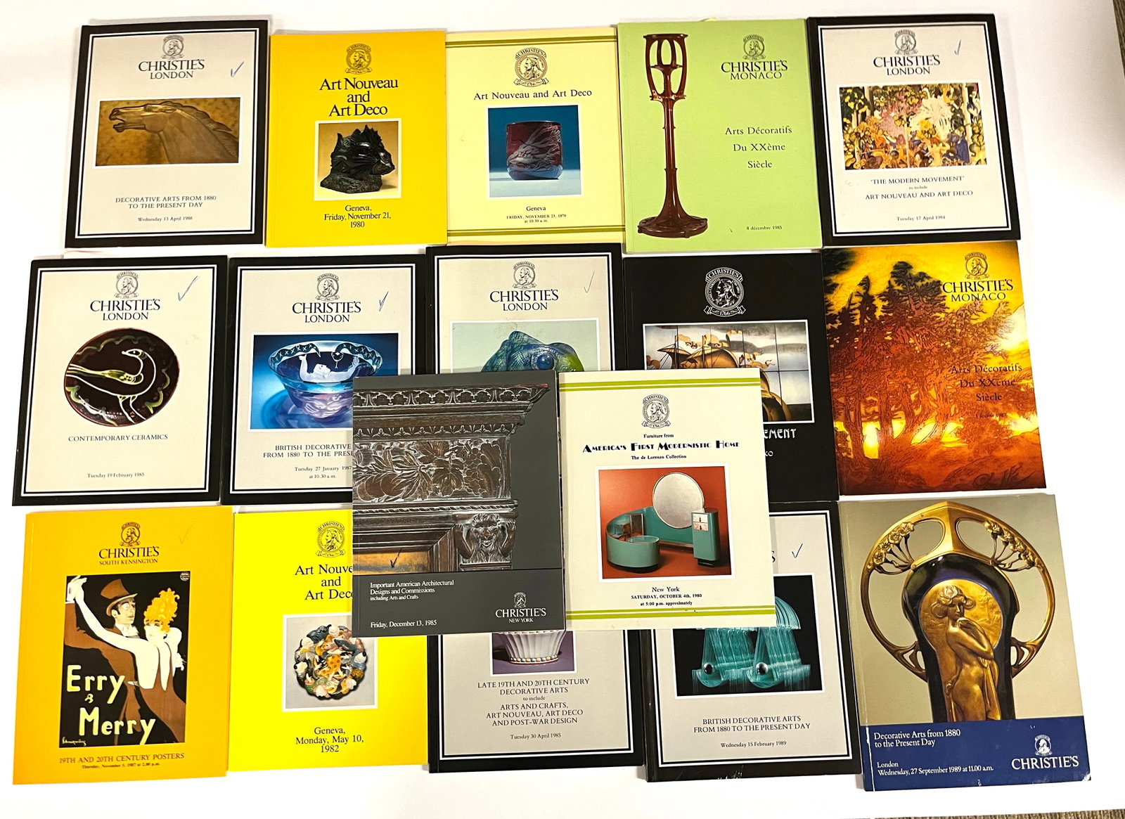 16 Christies European catalogs: 16 Christies European catalogs from the 80"s on Art Nouveau, and Decorative arts, 8 with price sheets. CONDITION: minor wear.