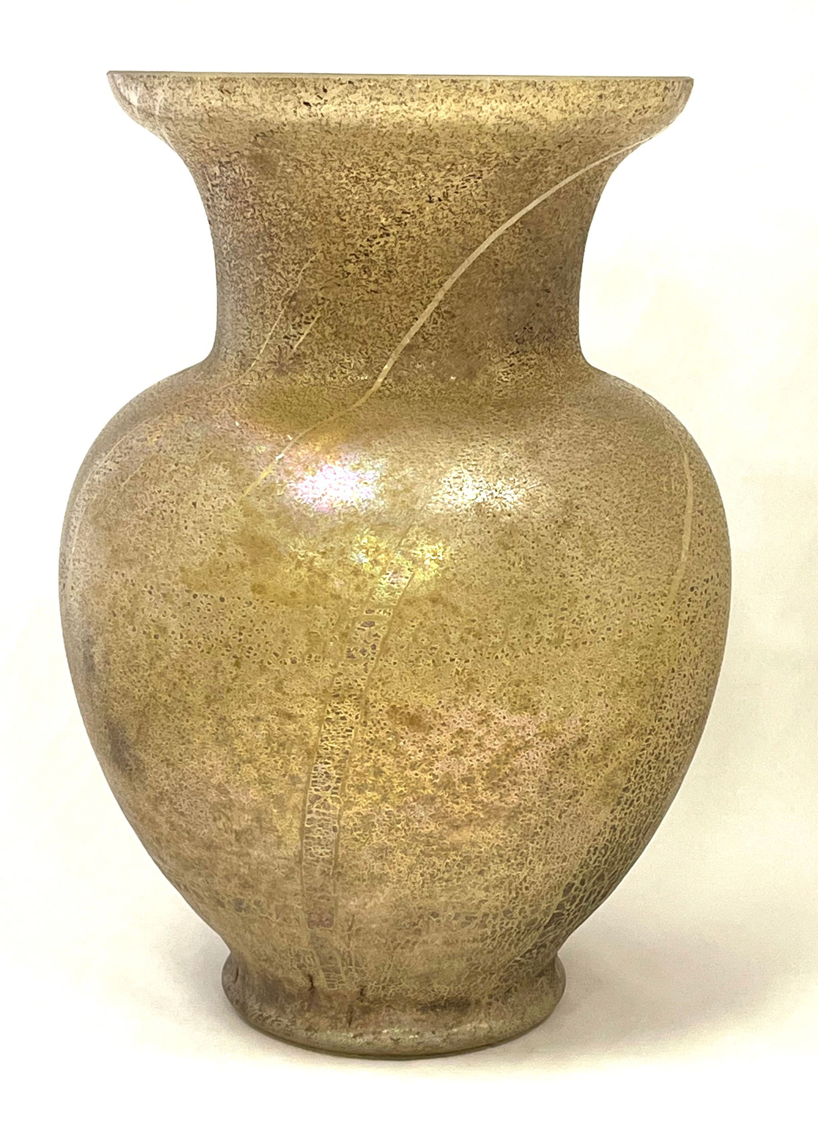 Oggetti Art glass vase: Large shouldered form Oggetti Cypriot glass vase, with paper label, 13 1/2" ht. CONDITION: no chips, cracks, repairs or material defects found. Jaremos attempts to call any material flaw that affects