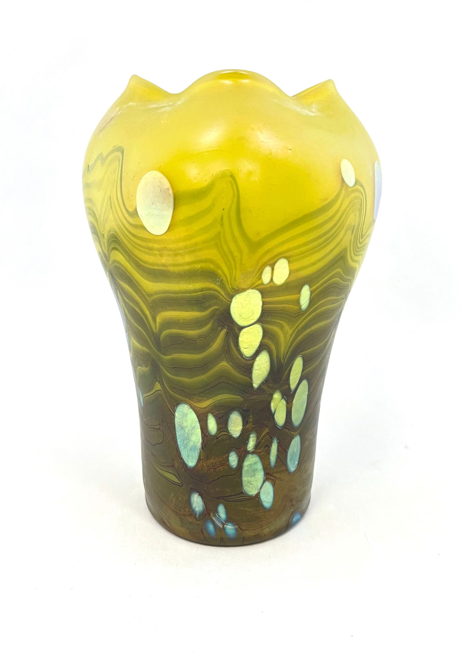 Loetz Cytisus art glass vase: Loetz Cytisus yellow art glass vase with a green and blue undulating pattern and overall iridescent gold spots, 7" ht. CONDITION: no chips, cracks, repairs or material defects found. Jaremos attempts