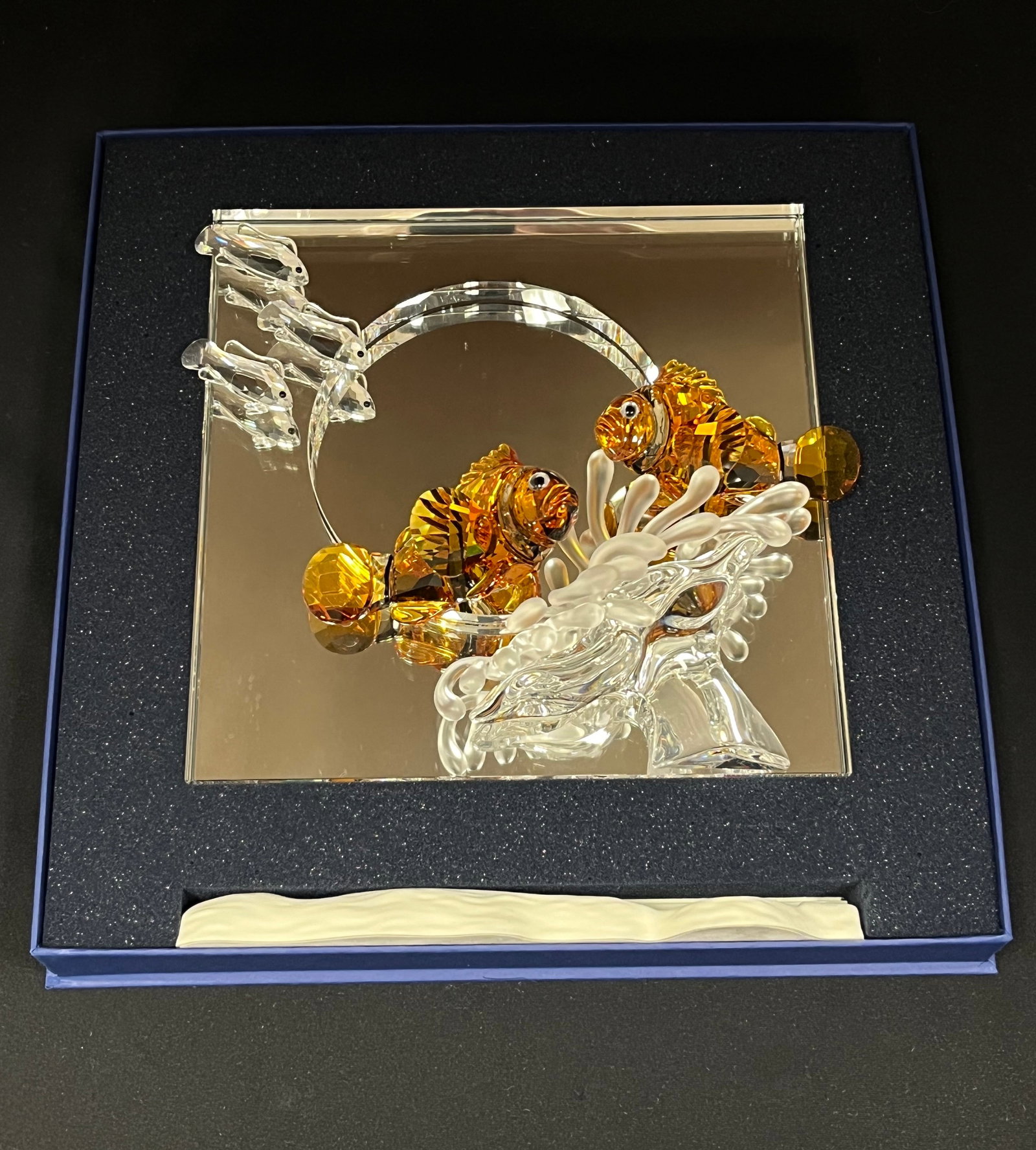 Wonders of the Sea Harmony: Swarovski sea life standing plaque "Harmony" from the Wonders of the Sea series with amber fish and coral, with gift box, together with separate name plaque, 7 1/2" square. CONDITION: no chips, cracks