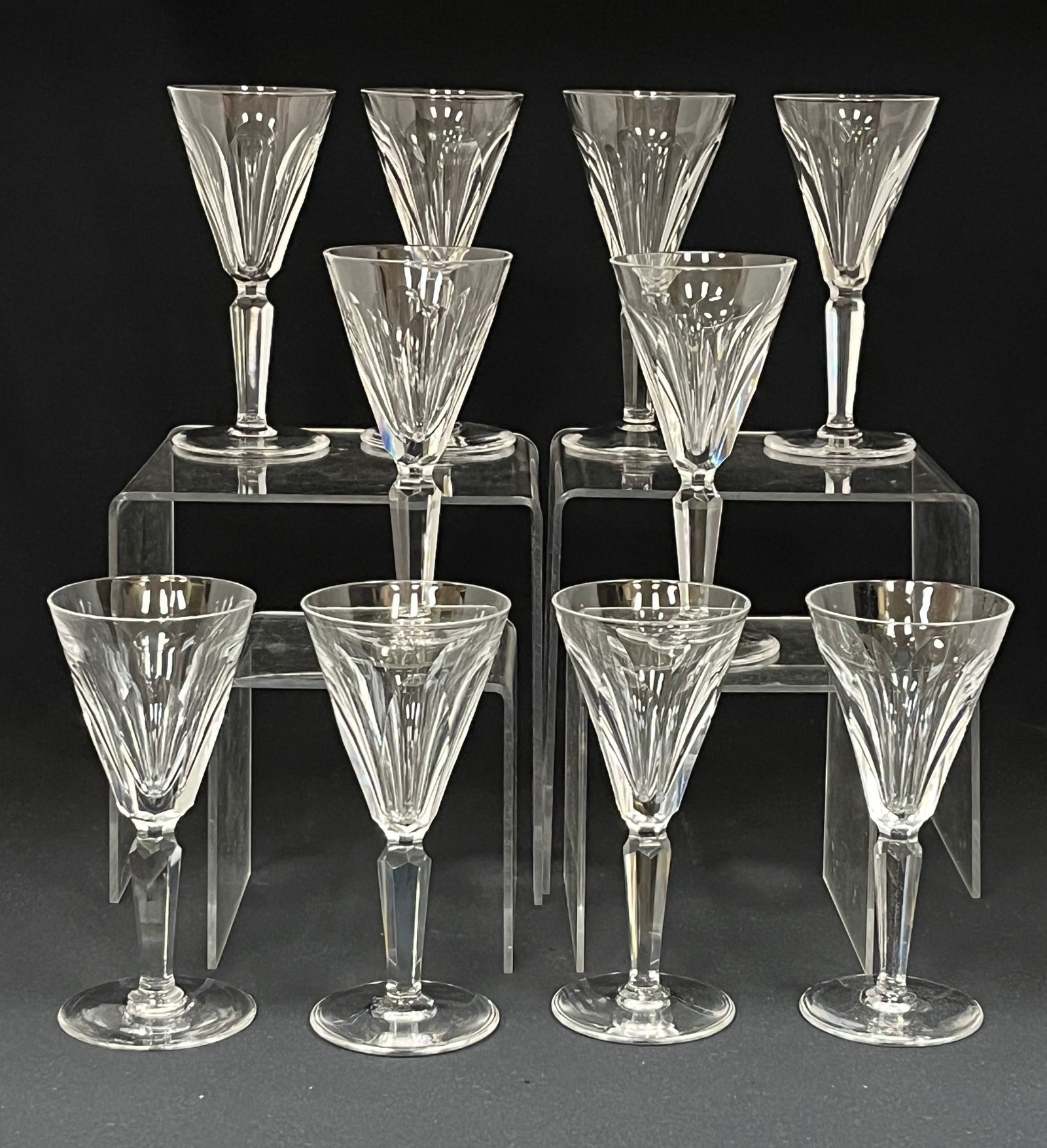 Ten Waterford Sheila glass wines: 10 Waterford Sheila Sherry wine goblets, each signed, 5 1/2" ht. CONDITION: no chips, cracks, repairs or material defects found. Jaremos attempts to call any material flaw that affects the price, but