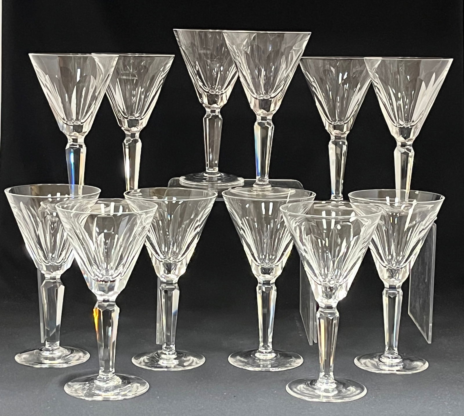 12 Waterford Sheila glass wines: 12 Waterforn Sheila Crystal Claret wine goblets, each signed Waterford, 6 1/2" ht. CONDITION: no chips, cracks, repairs or material defects found. Jaremos attempts to call any material flaw that affec