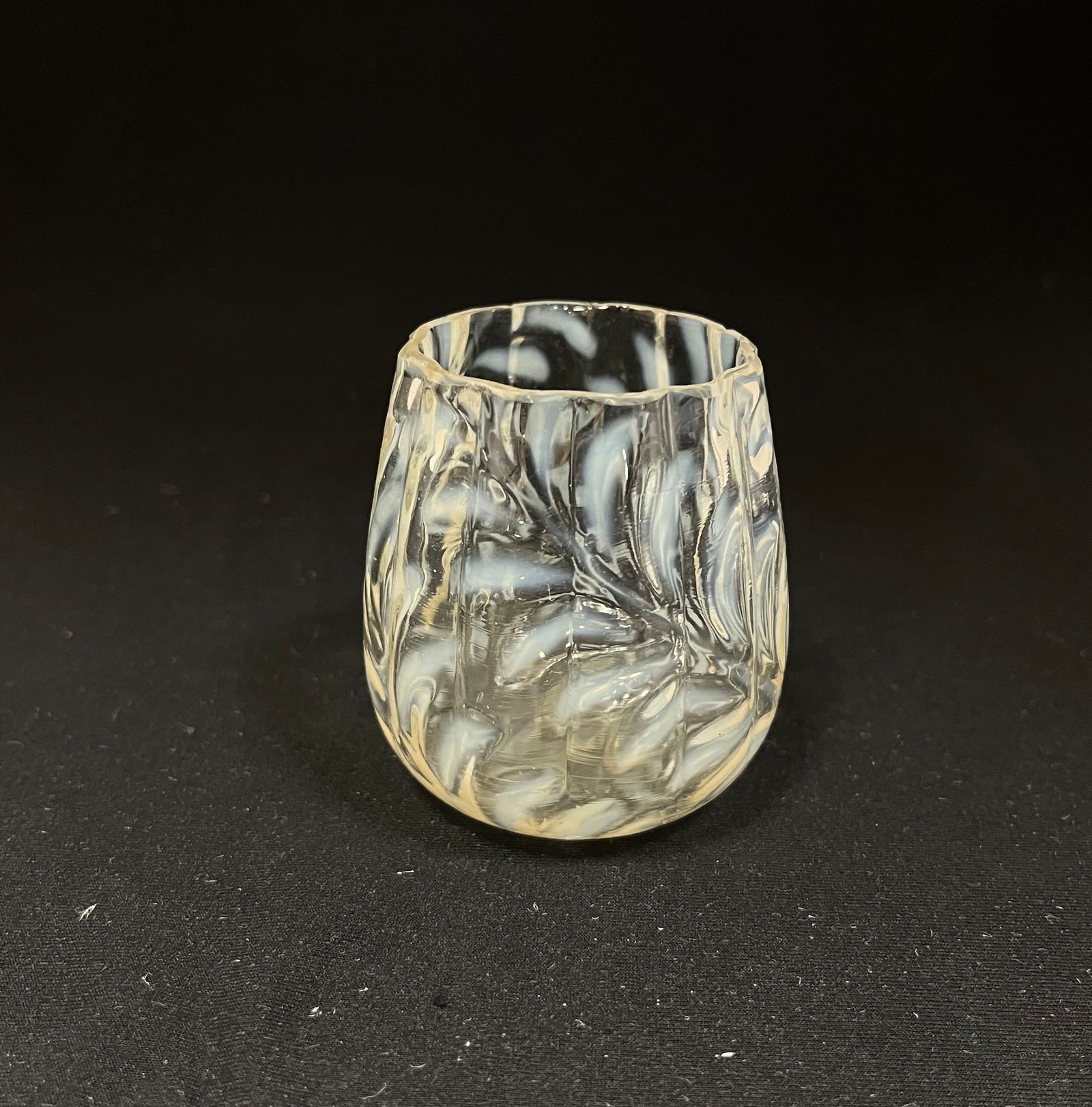 Ribbed Fern opalescent toothpick: West Virginia Glass Co clear opalescent Ribbed Fern toothpick holder; 2 1/4" ht. Literature: Bredehofts/the Sanfords - Glass Toothpick Holders, Second Edition, p. 128. CONDITION: good with minor wear.