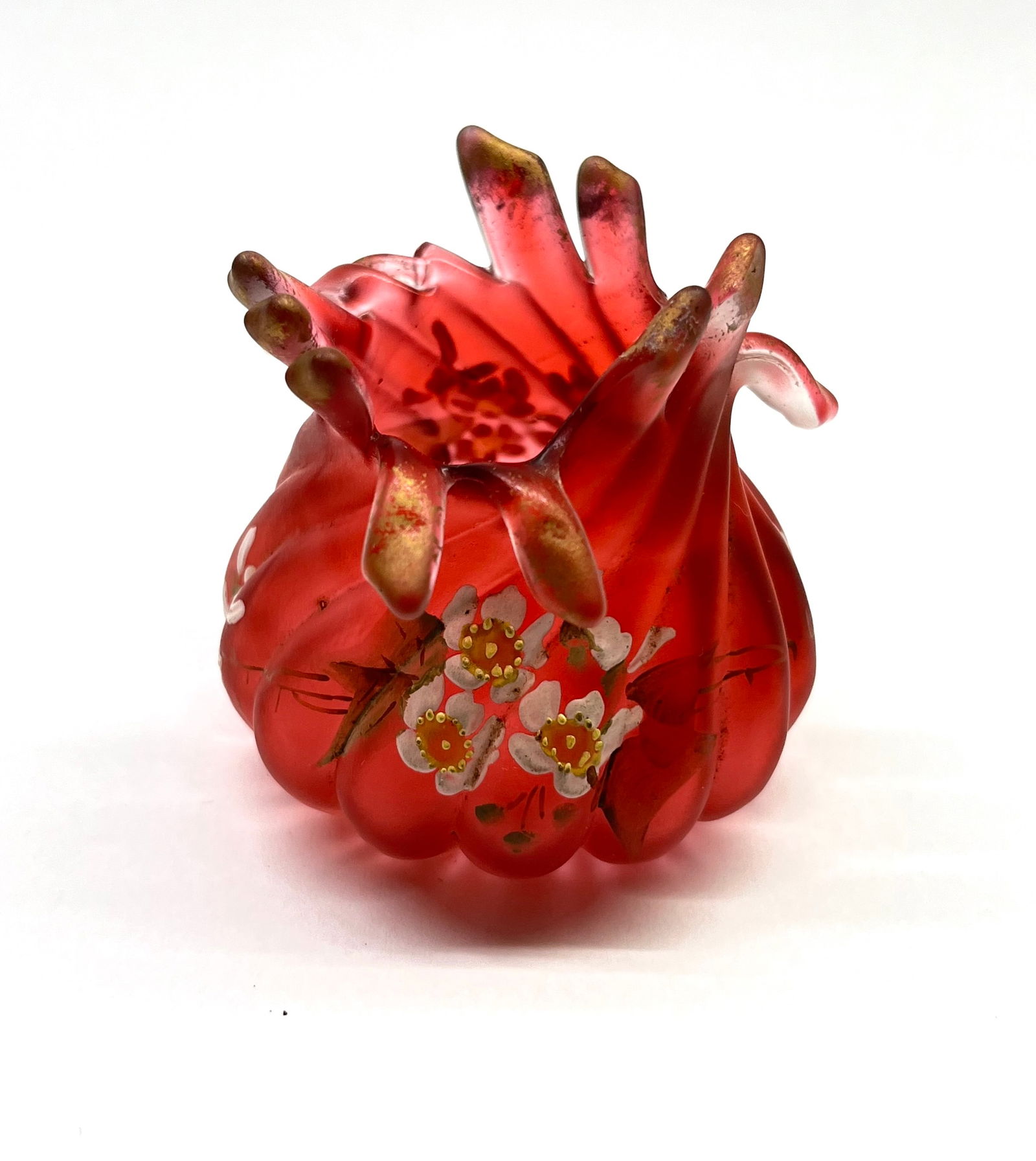 Rare Mt. Washington ruby toothpick: Rare Mt. Washington cranberry swirl toothpick holder with a cut finger top and decorated with clusters of flowers, 2 1/4" ht. CONDITION: one finger broke