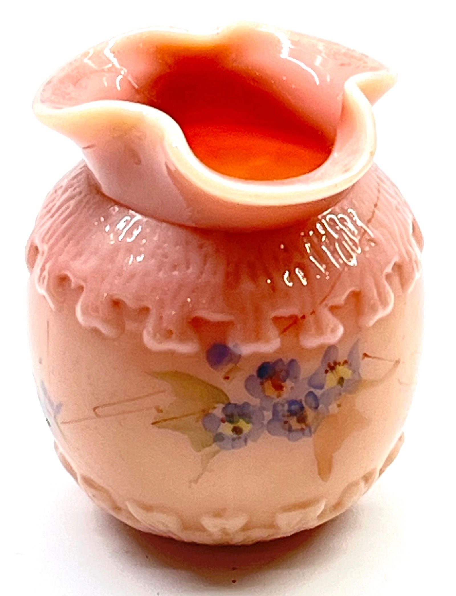 Mt. Washington pink greek key holder: Mt Washington Pink glossy finish greek key toothpick holder decorated with blue flowers, 2 1/2" ht. NOTE: probably over fired Burmese. CONDITION: no chips, cracks, repairs or material defects found. J