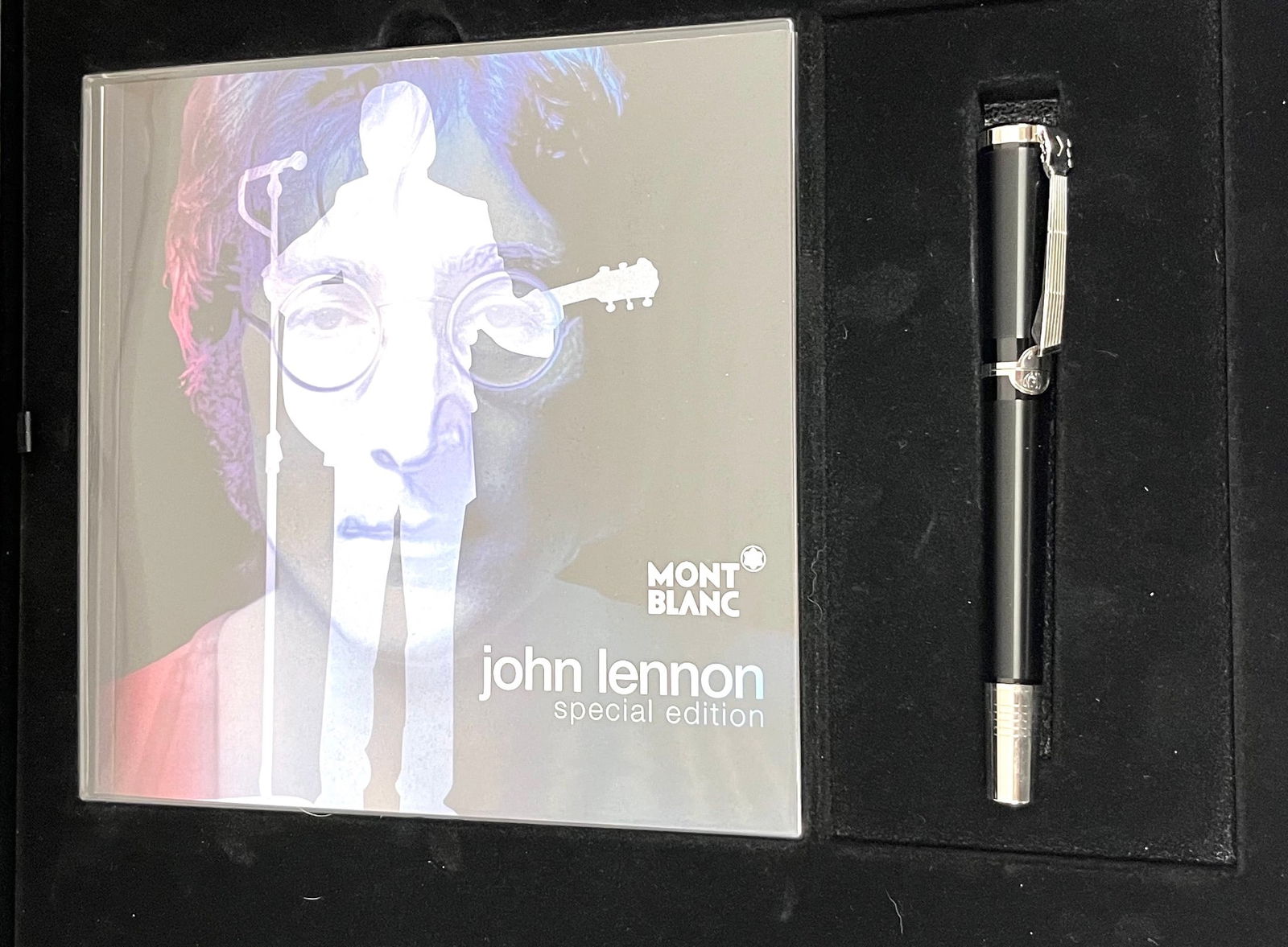 John Lennon Mont Blanc pen: Mont Blanc John Lennon special edition roller ball pen set. Includes a special edition 45 record "Imagine", Special Edition book, and pen. Created in honor of a great musical legend: the Donation Pen