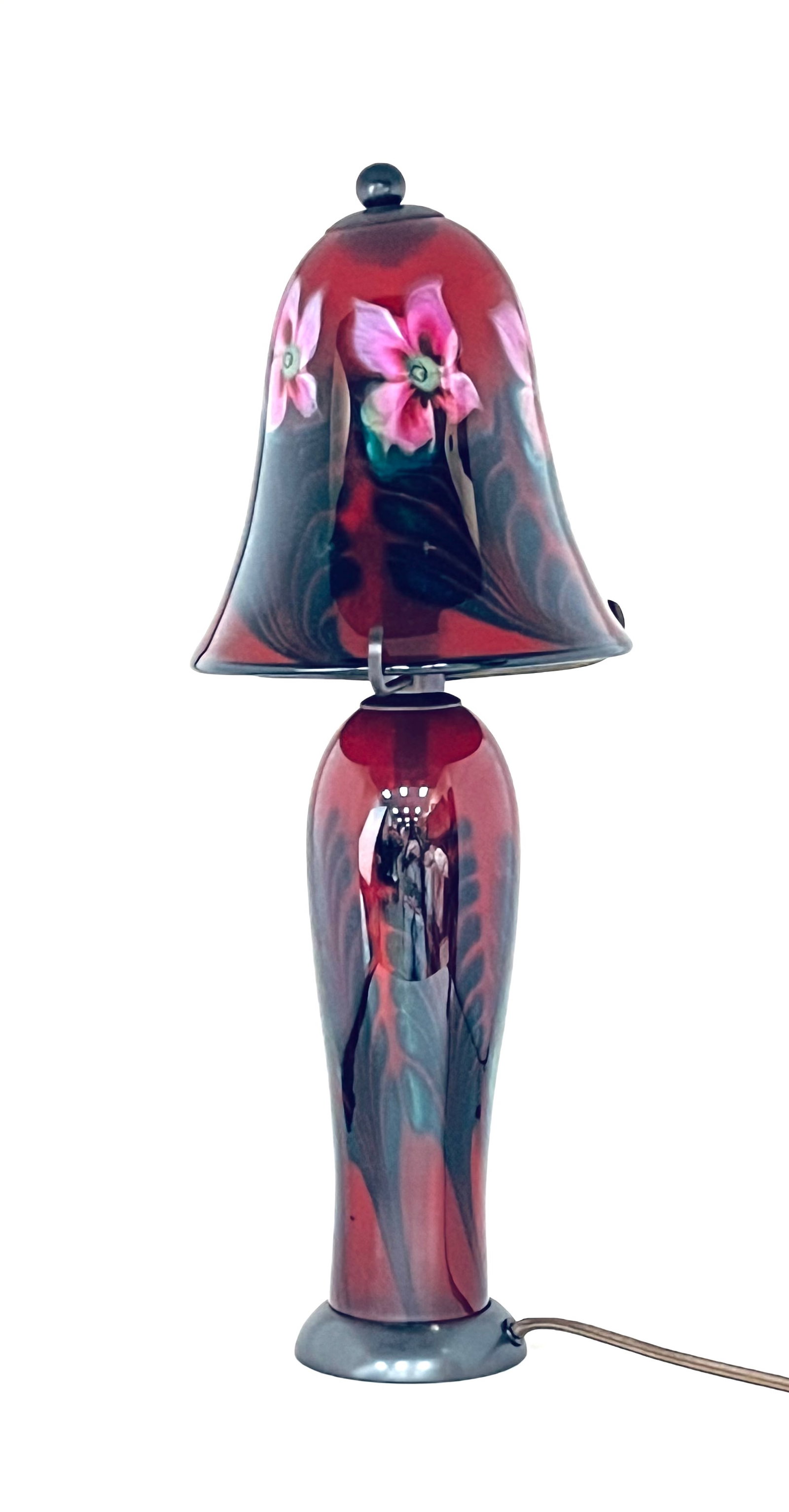 Lotton Art Glass Lamp: Lotton red Art Glass lamp, mushroom form in red glass decorated with pink multi flora on green leaves, 17" ht. NOTE: Commissioned by the consignor at the Lotton Gallery. CONDITION: no chips, cracks, r