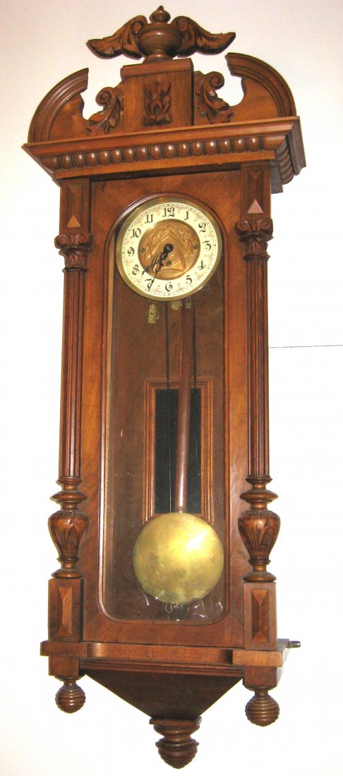 Gustoff Becker wall clock,: circa 1910 three weight Vienna Grand Sonnerie strike with cord repeater, back of the works carries maker mark and award medallion mark,