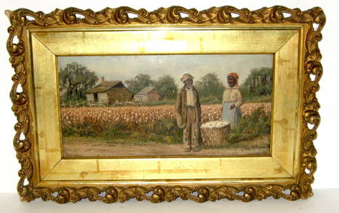 Rare William Aiken Walker painting,: American 1838-1921 "cotton pickers," oil on Board of two African American in south, set in a gilt wood reticulated frame, signed in bottom left WAWalker. Reverse with F W Devoe artist board and