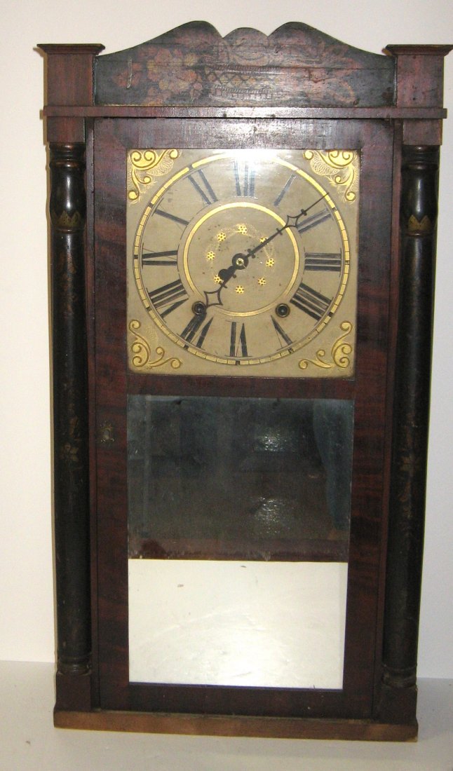Ephraim Downs walnut shelf clock,: circa 1820 walnut wood works mirror clock, time and strike, stencil top, 33" ht.