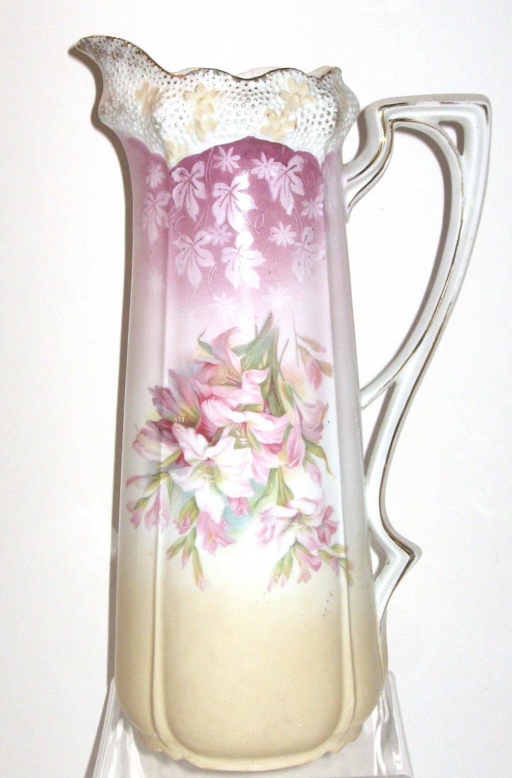 R. S. Prussian tankard pitcher,: pink and yellow porcelain with pink lilies, 13" ht.