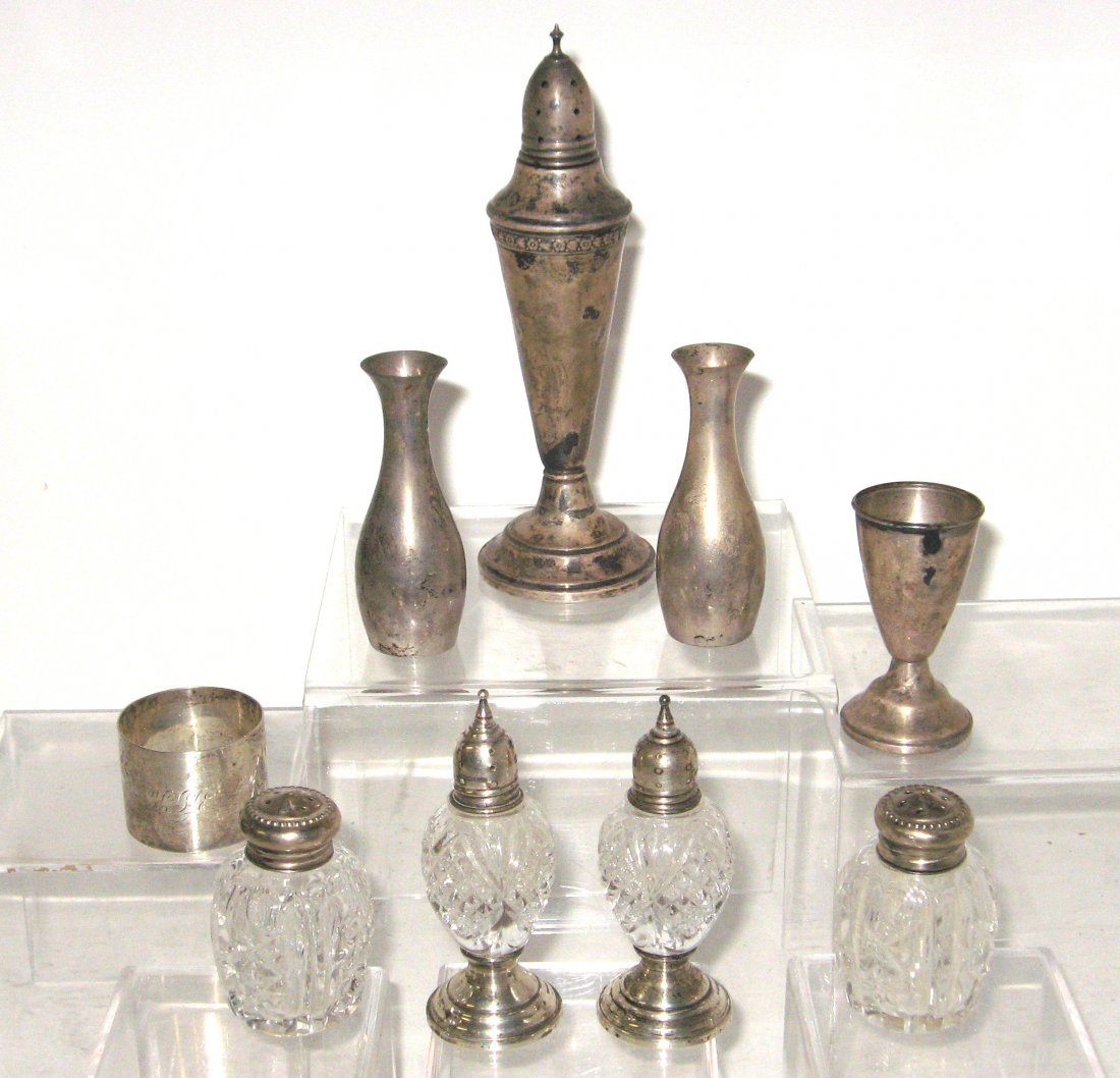 Group of Sterling,: including slat and pepper shakers, cordial napkin ring and more, tallest 6" ht.