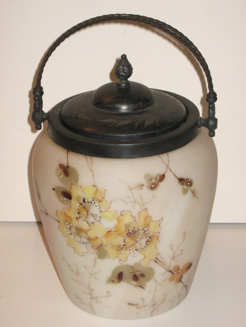C. F. Monroe Wave Crest cracker jar,: opal glass with pink shading decorated with yellow dogwood blossoms, 9" ht.